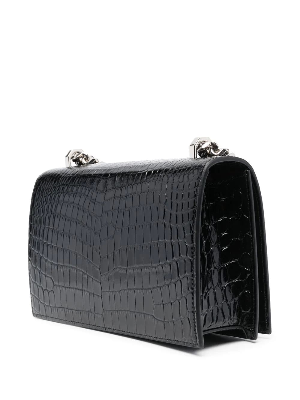 Shop Alexander Mcqueen Black And Silver Jewelled Satchel Bag In Crocodile-effect Leather