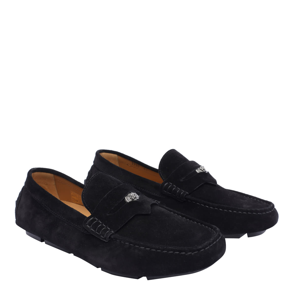 Shop Versace Medusa Biggie Suede Driver Loafers In Black