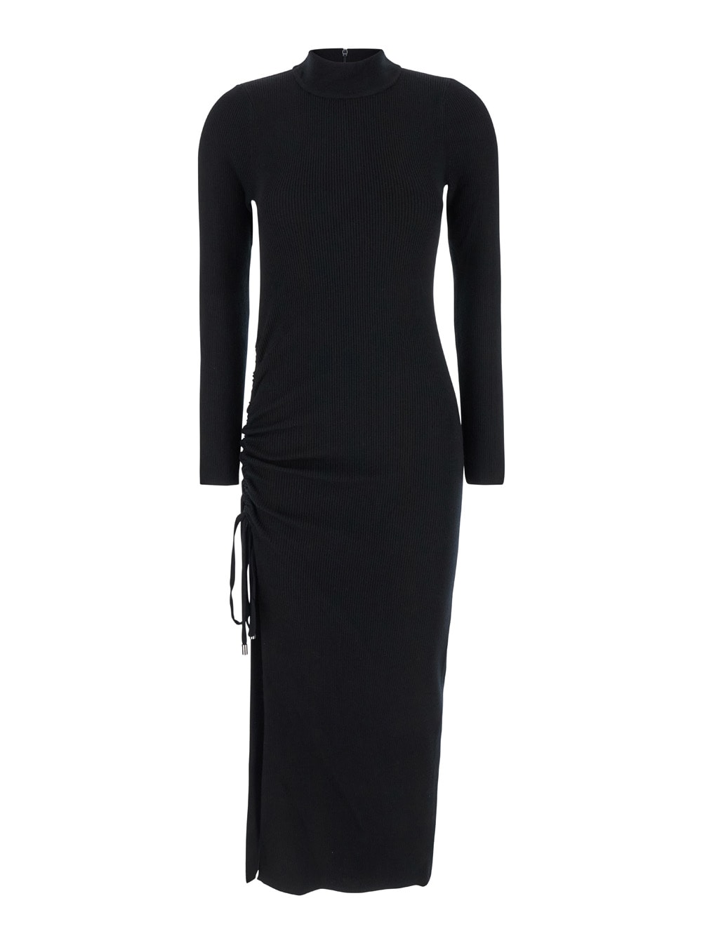 Shop Michael Michael Kors Black Crewneck Midi Dress With Ruched Detail In Wool Woman