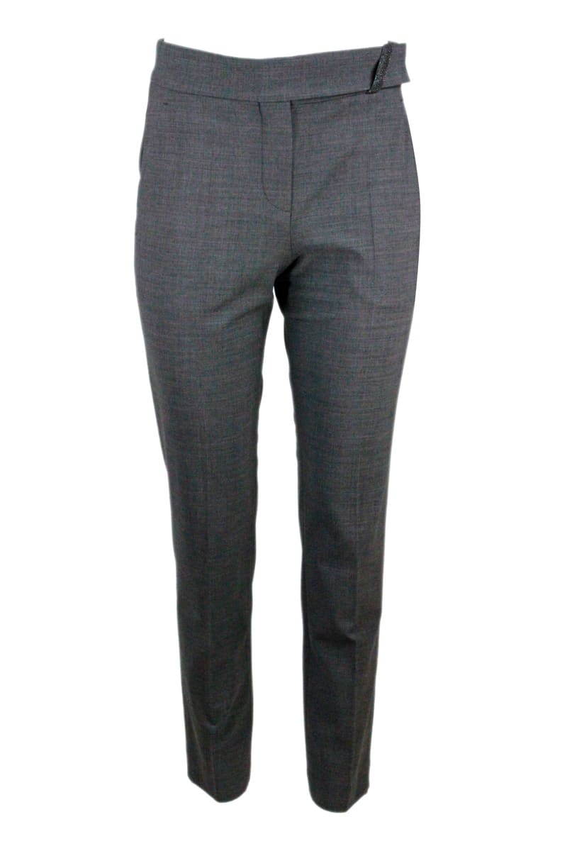 Shop Brunello Cucinelli Cigarette Trousers With Jewels At The Waist In Grey