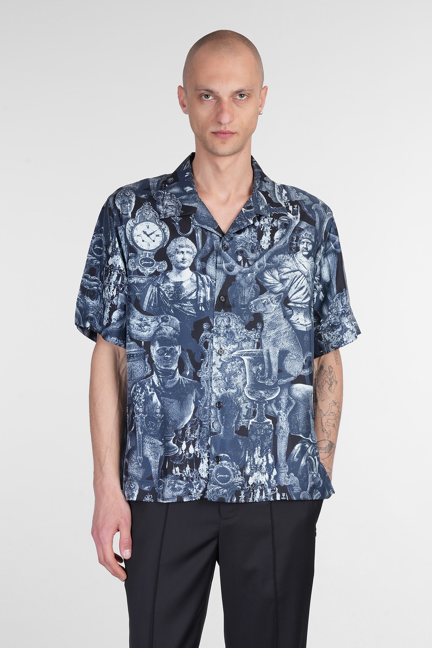 Givenchy Mens Black Navy Logo-embellished Relaxed-fit Woven Bowling Shirt