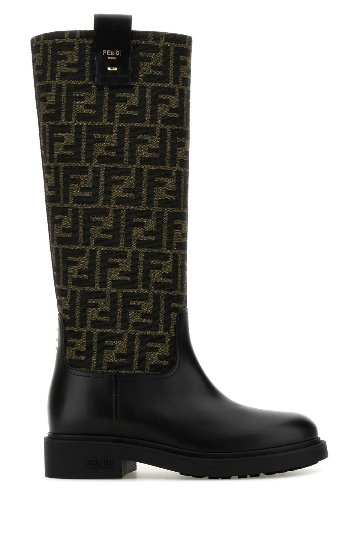 Fendi Women Black Boots With All-over Ff Motif And Side Lettering Logo In Leather And Fabric Woman In Multi
