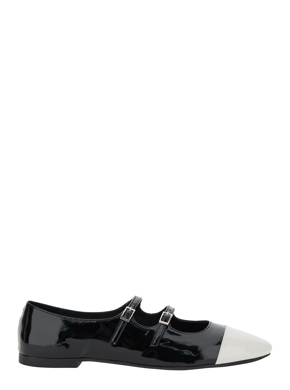 Black Ballet Shoes With Double Buckle And Stacked Heel In Patent Leather Woman