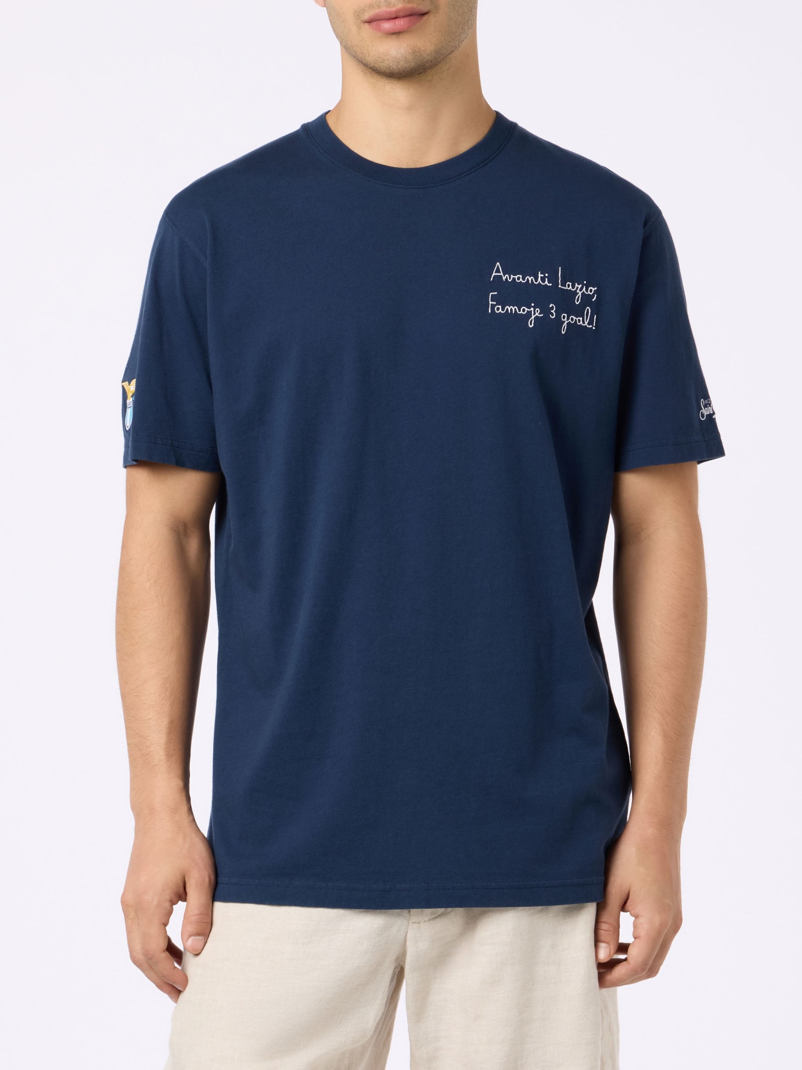 Shop Mc2 Saint Barth Man Cotton T-shirt With Avanti Lazio, Famoje 3 Goal! Embroidery Ss Lazio Special Edition In Blue