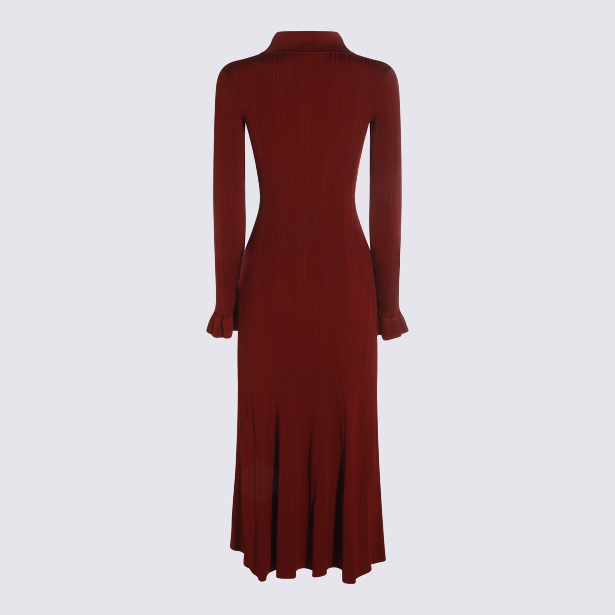 Self-portrait Fitted Ribbed Maxi Dress With Classic Collar In Burgundy