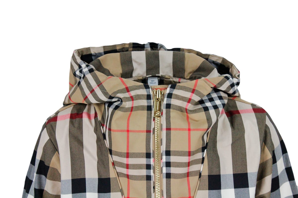 Shop Burberry Cotton Jacket With Hood And Zip Closure In Beige Classic Check