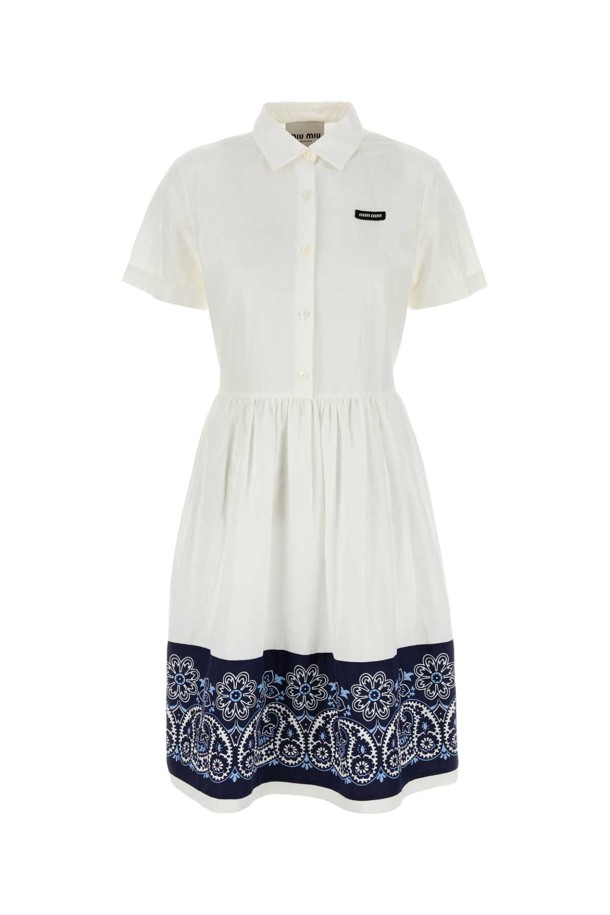 Miu Miu White Cotton Blend Shirt Dress In Multi