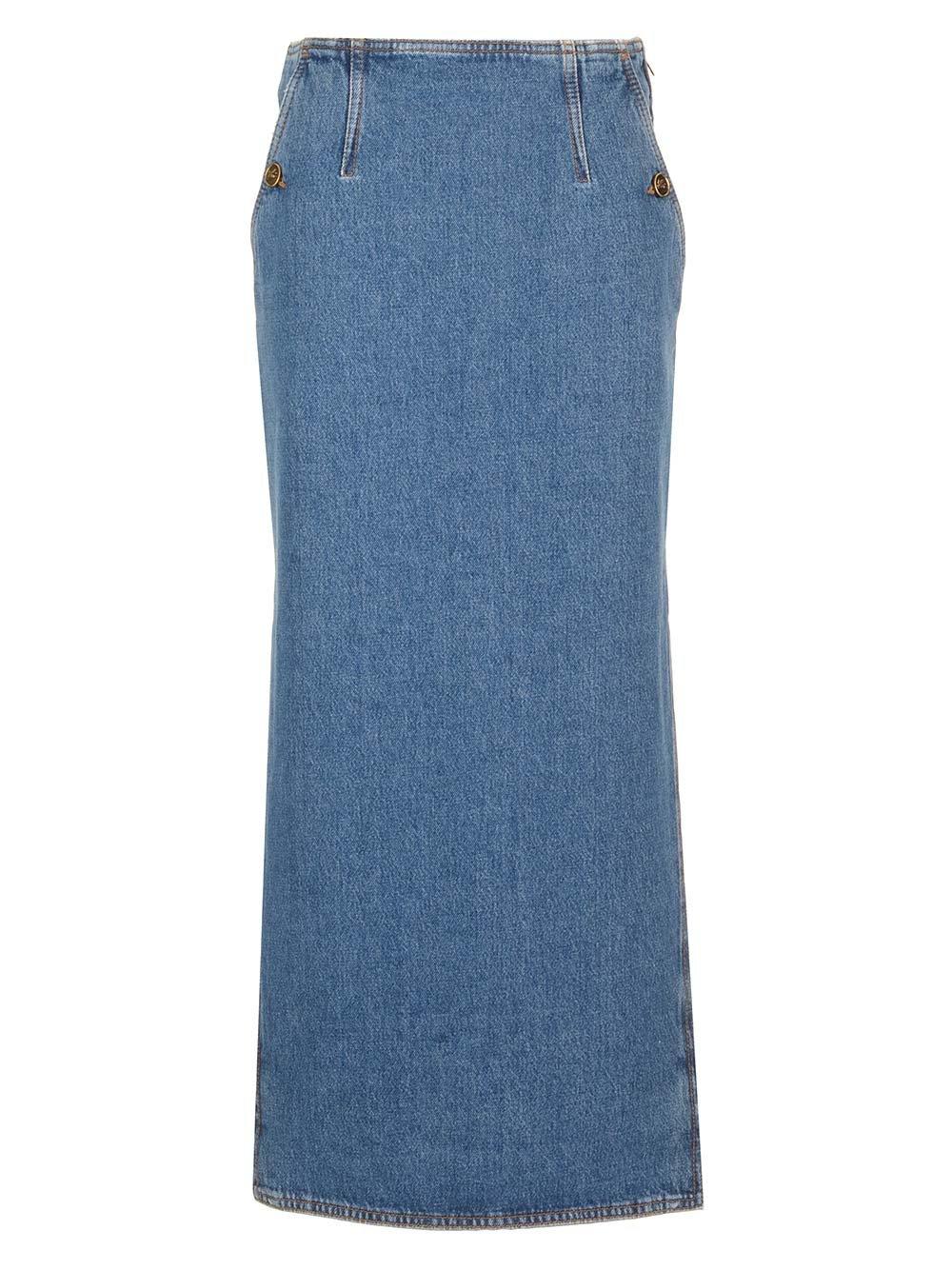 Shop Etro Washed Denim Long Skirt In Blue