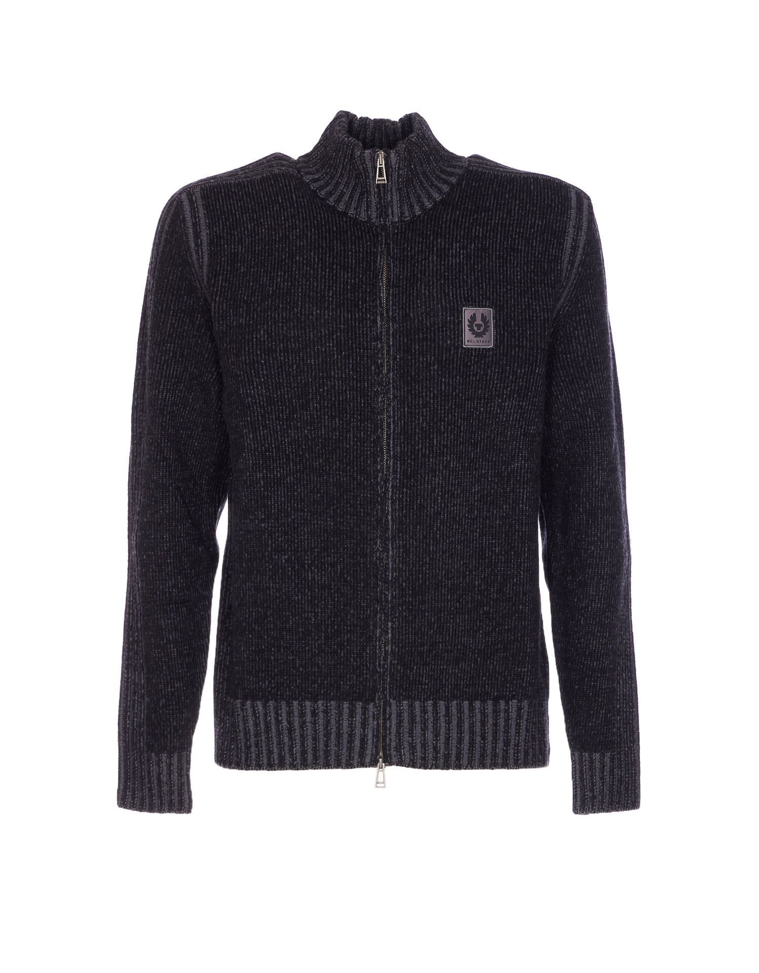 Belstaff High Collar Long Sleeve Zip Knit Sweater In Black