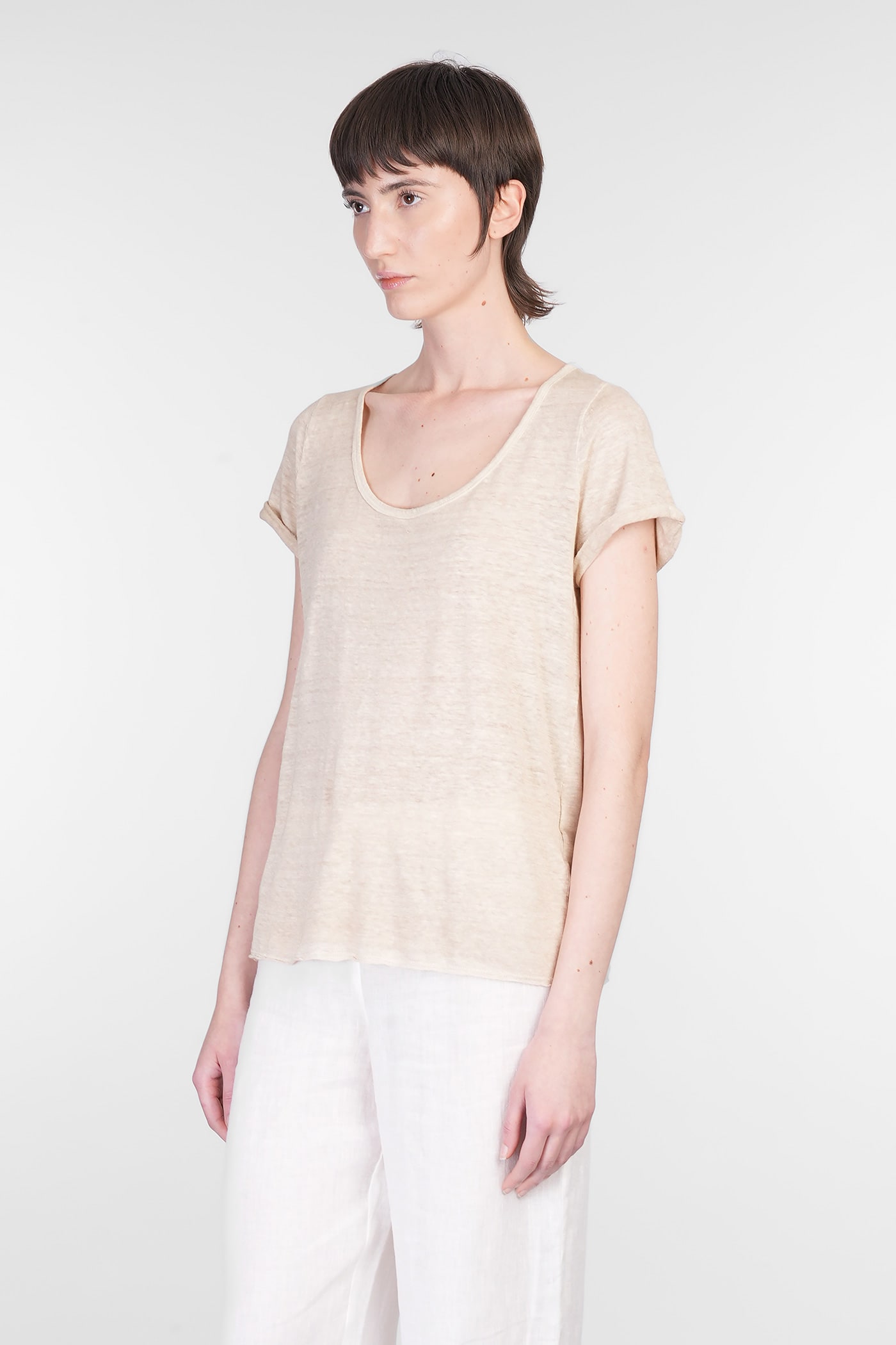 120% Lino Relaxed White Linen T-shirt With Scoop Neckline