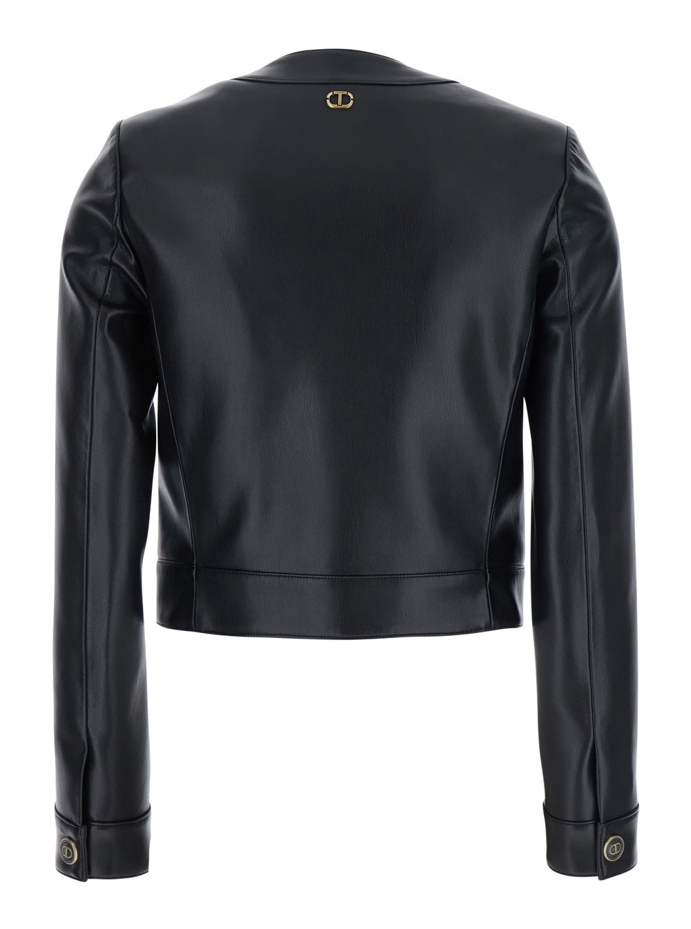 TWINSET BLACK CREWNECK JACKET WITH LOGO BUTTONS IN LEATHER WOMAN