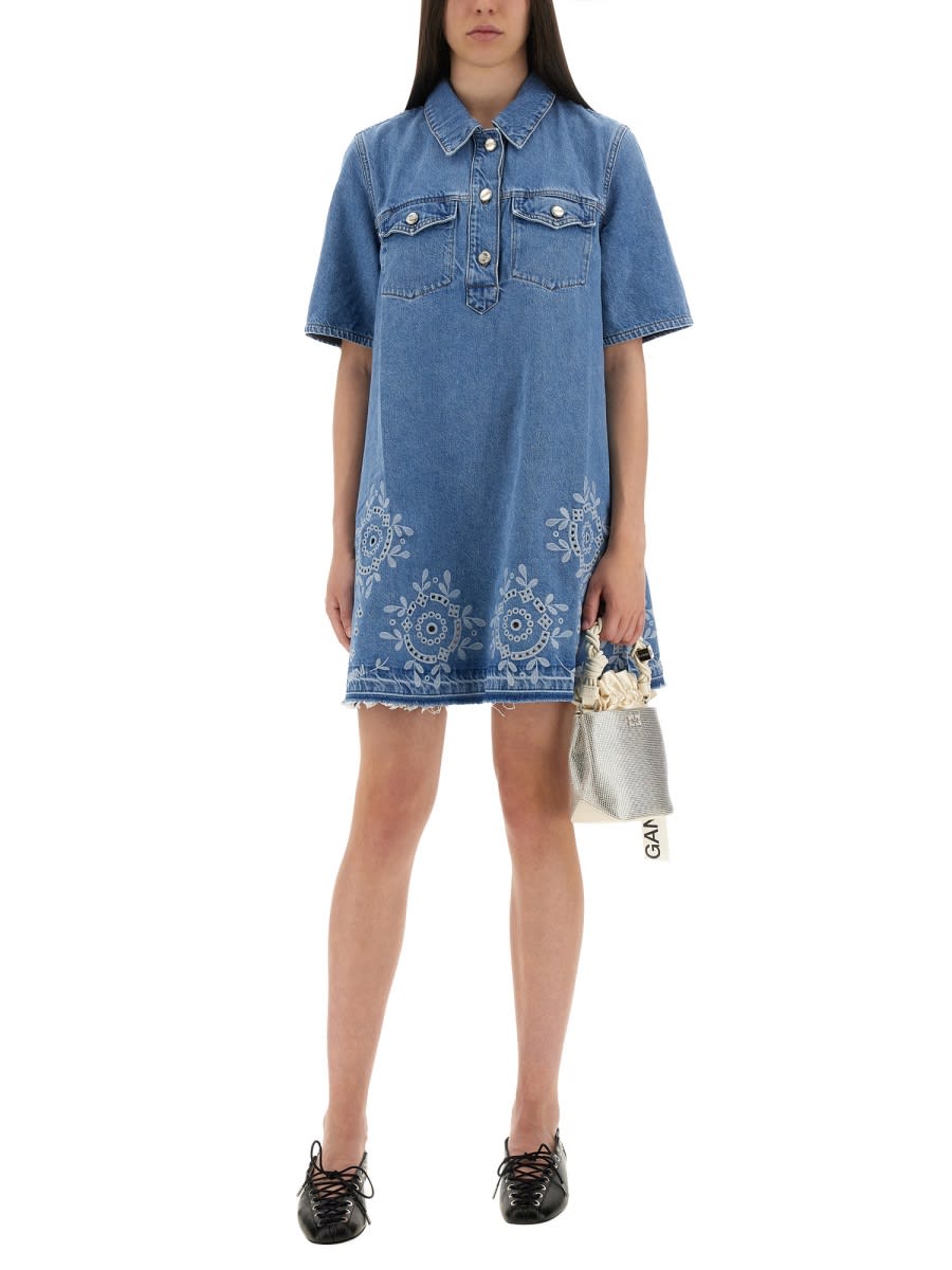 Ganni Denim Dress With Embroidered Hem And Pockets