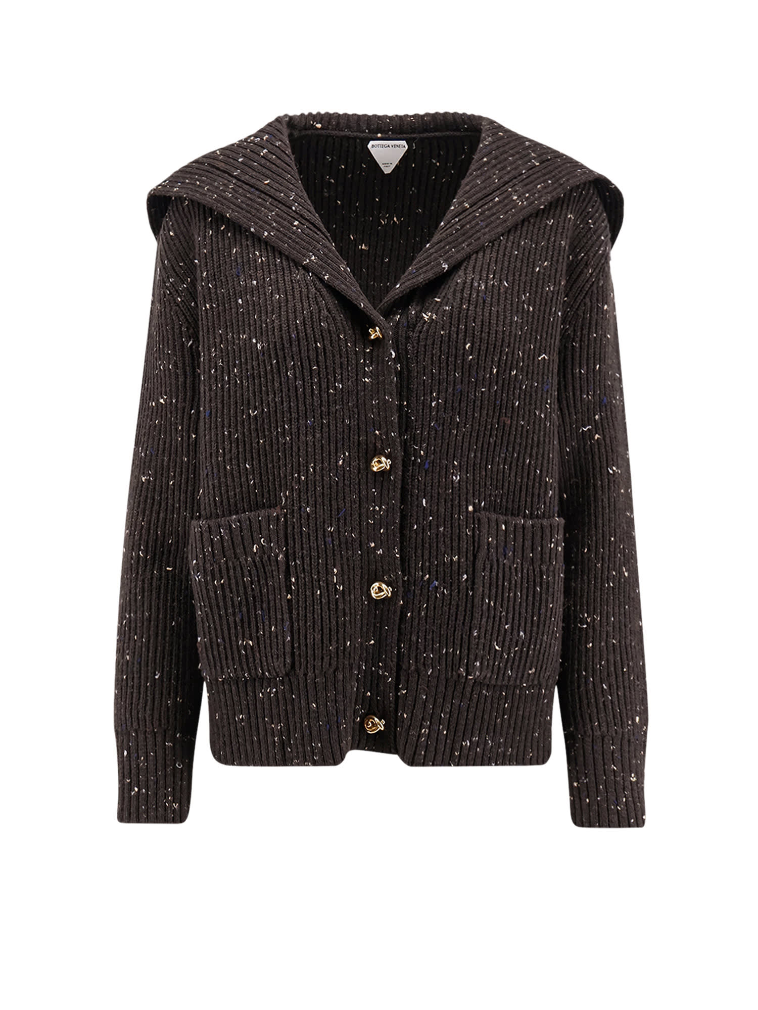 Bottega Veneta Melange Dark Brown Wool Blend Cardigan In Pink