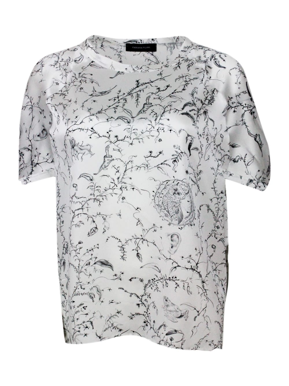 Shop Fabiana Filippi Crew-neck, Short-sleeved, Oversized Silk Shirt With Branch Patterned Print In Bianco