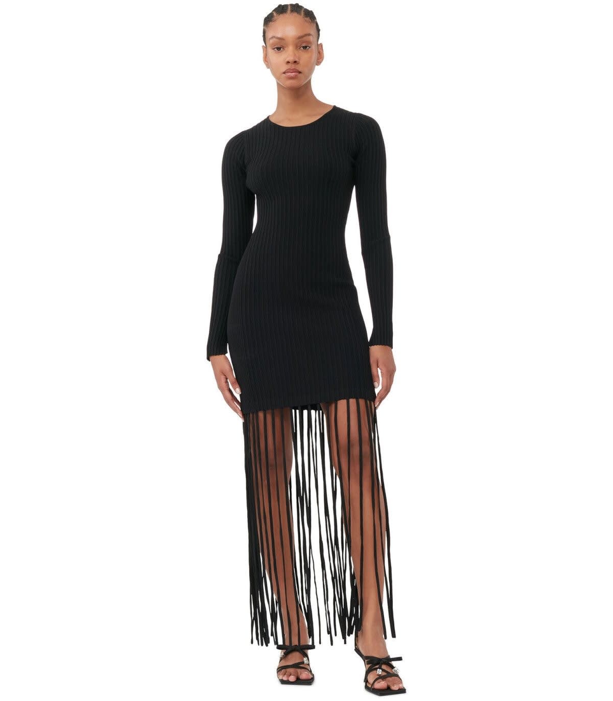 Shop Ganni Ribbed-knit Dress With Fringes In Nero