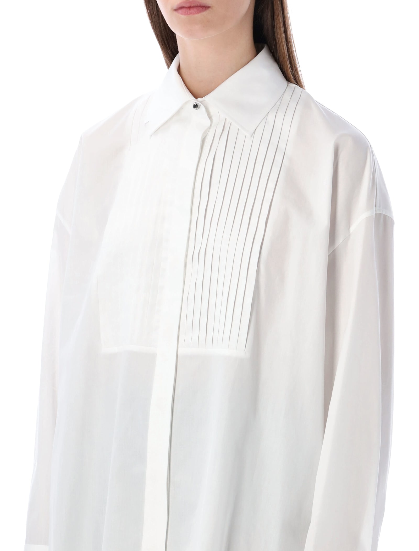 Golden Goose Oversized White Cotton Shirt With Pleated Bib And Jewel Buttons In White