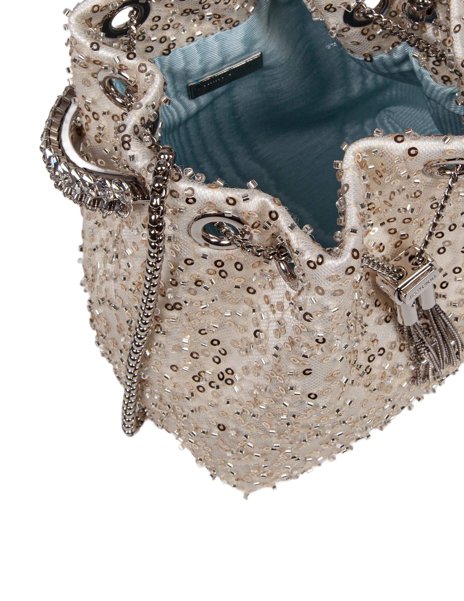 Jimmy Choo Bon Bon Satin Bag With Micro Net And Applied Stones In Ivory/crystal