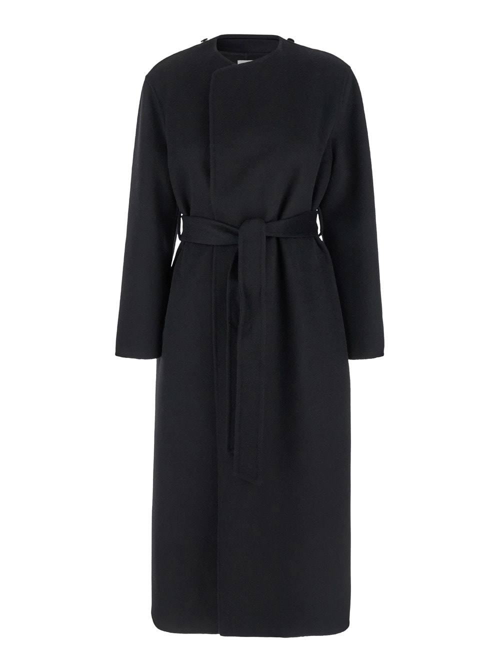 Shop P.a.r.o.s.h Long Double-breasted Black Coat With Tie-up Collar In Heavy Fabric Woman