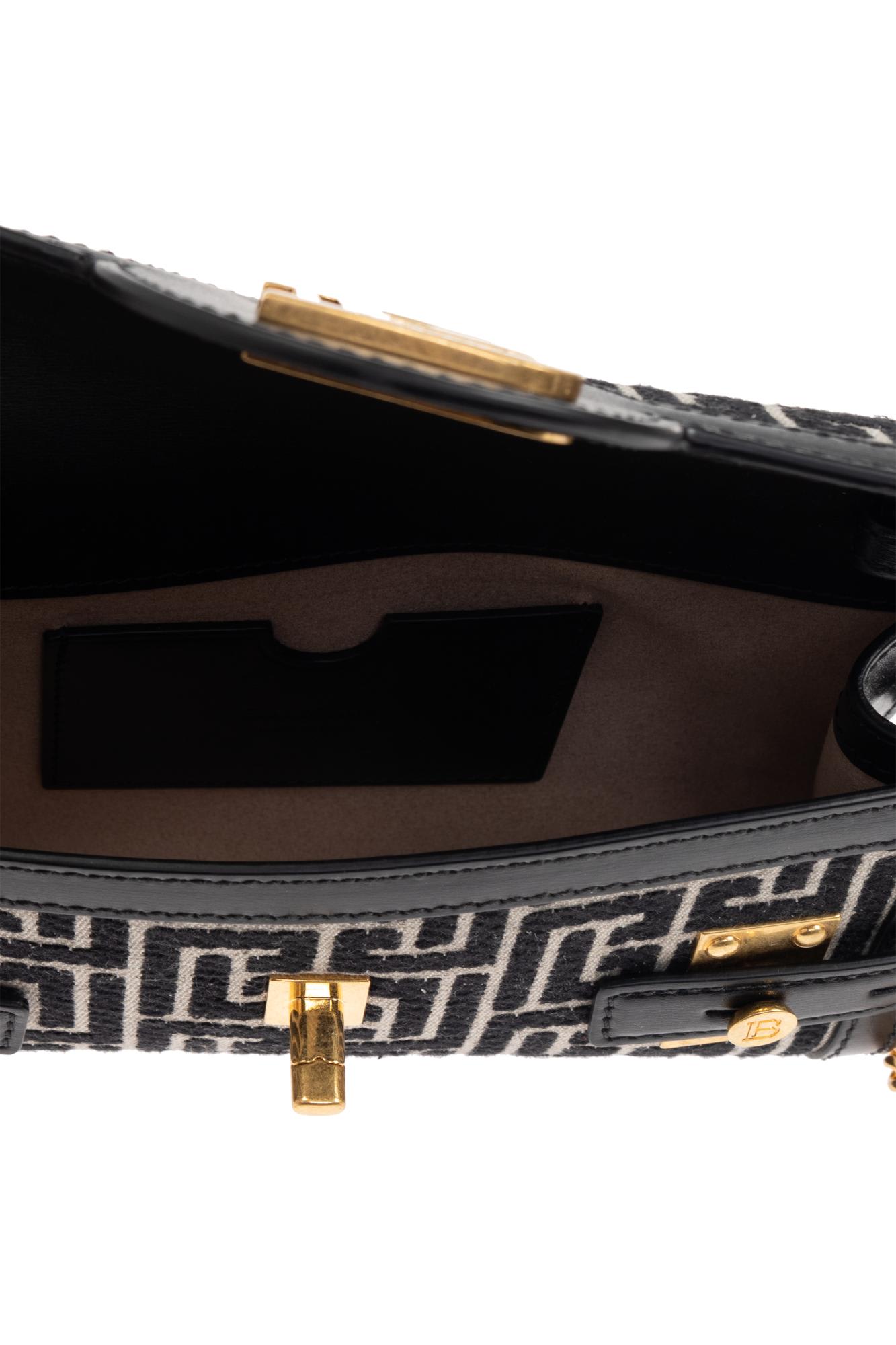 Balmain B-buzz Shoulder 24 Bag In Calfskin And Pb Jacquard Canvas