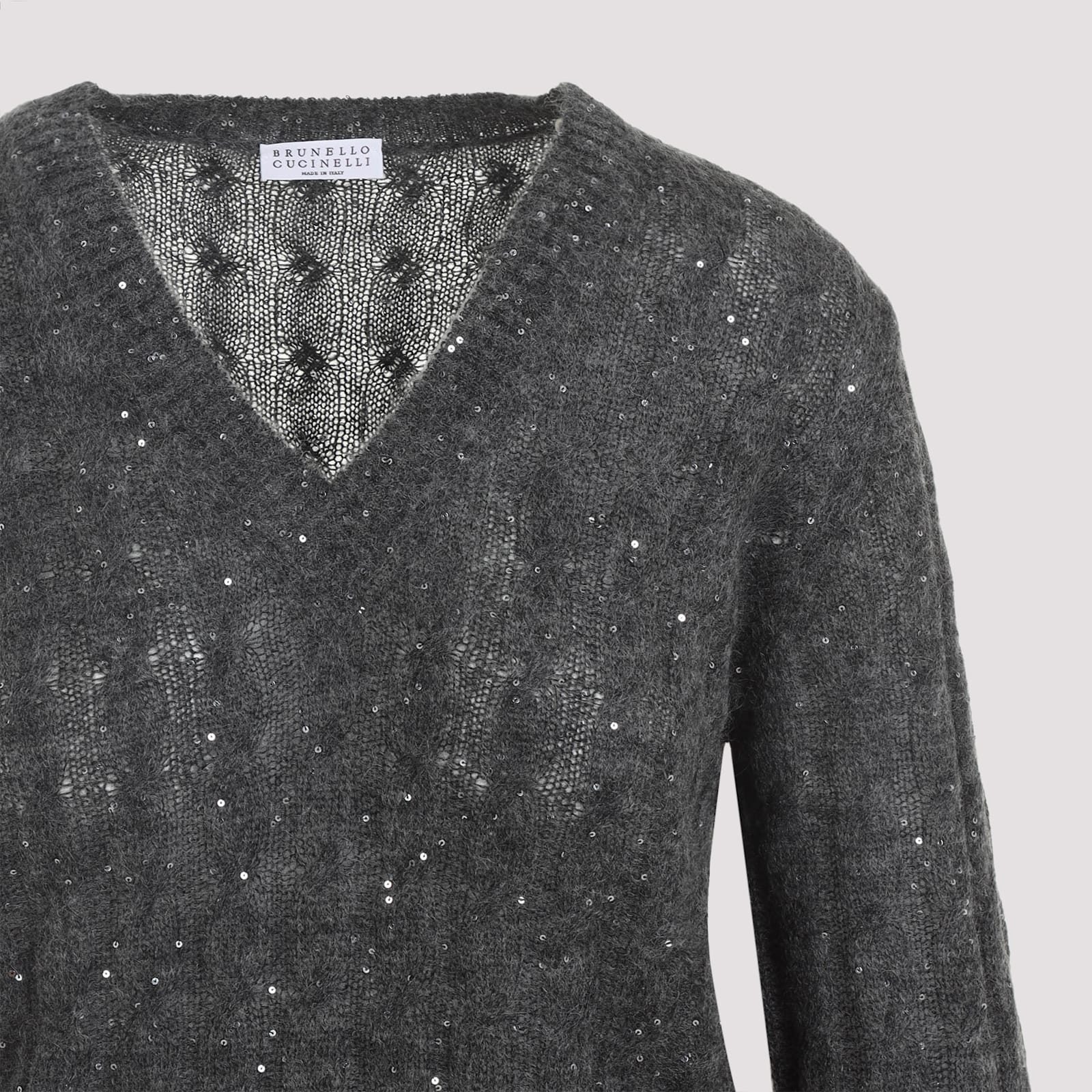 Brunello Cucinelli Textured Ribbed V-neck Sweater With Sparkling Details In Gray