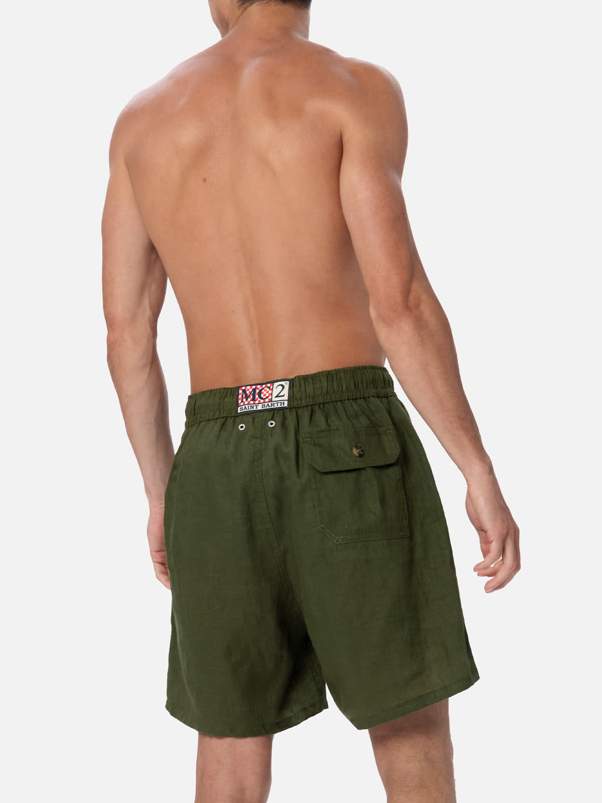 Mc2 Saint Barth Man Mid-length Military Green Linen Swim-shorts Gustavia In Green