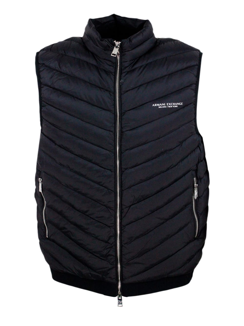 Armani Collezioni Sleeveless Vest In Light Down Jacket With Logoed And Elasticated Bottom And Zip Closure In Black