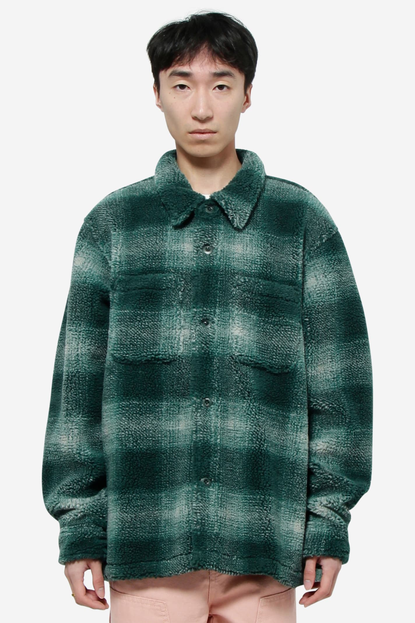 Shop Stussy Plaid Sherpa Shirt In Green