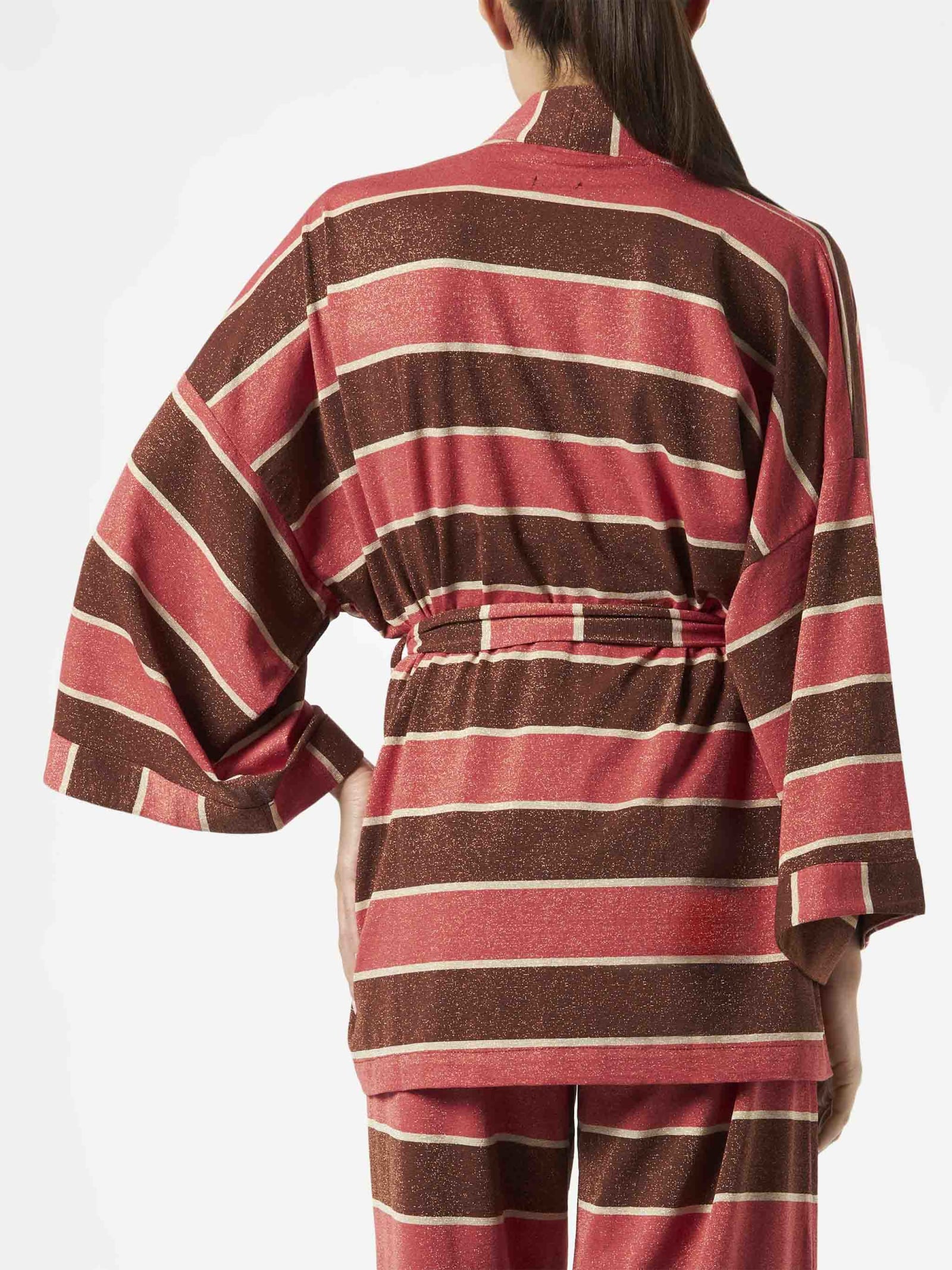 Shop Mc2 Saint Barth Striped Knitted Kimono Cardigan In Brown