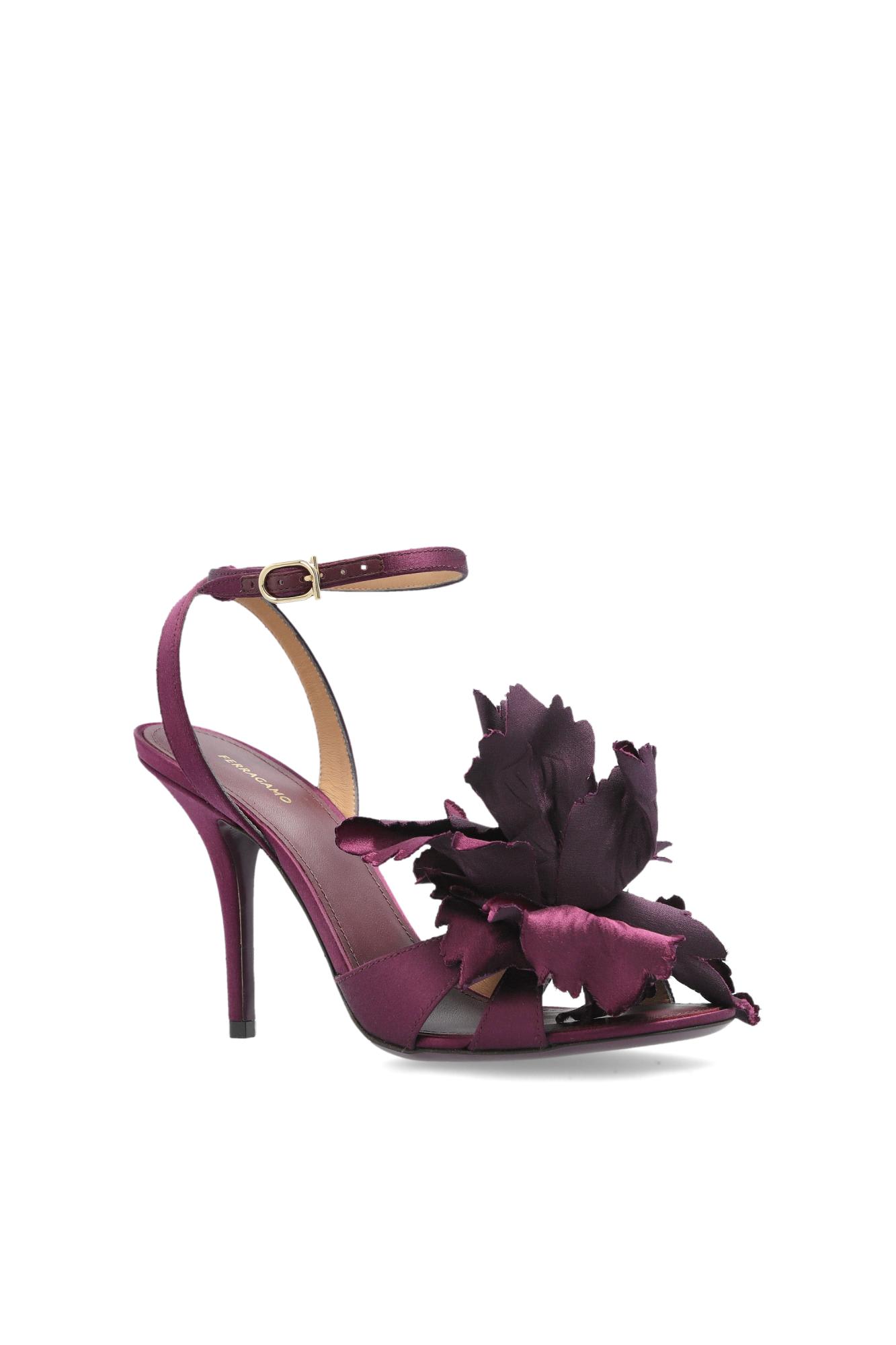Ferragamo Flower Embellished High Heel Sandal In Burgundy