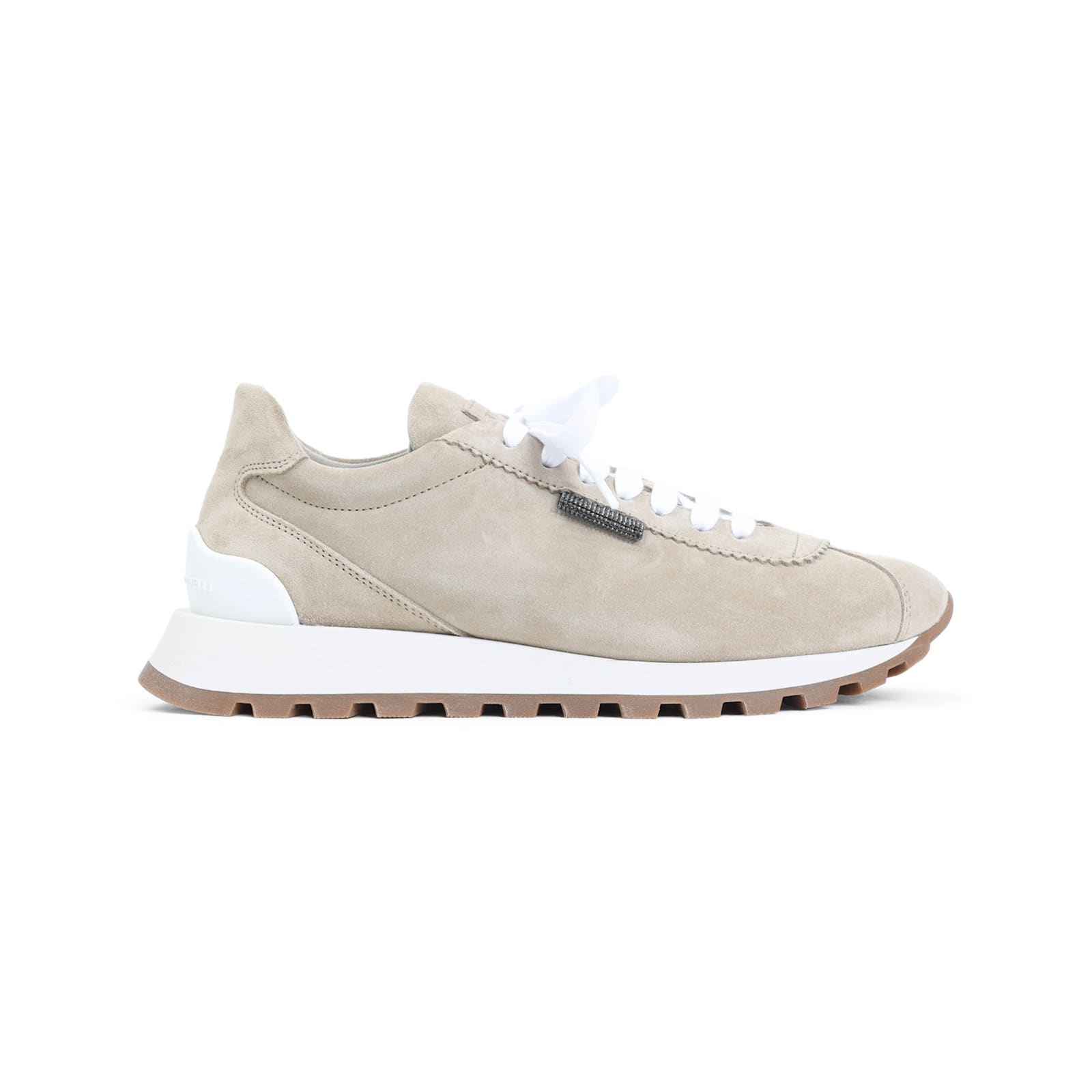 Brunello Cucinelli Beige Low Top Sneakers With Monil Detail On The Side And Embossed Logo Lettering On The Rear In Gray