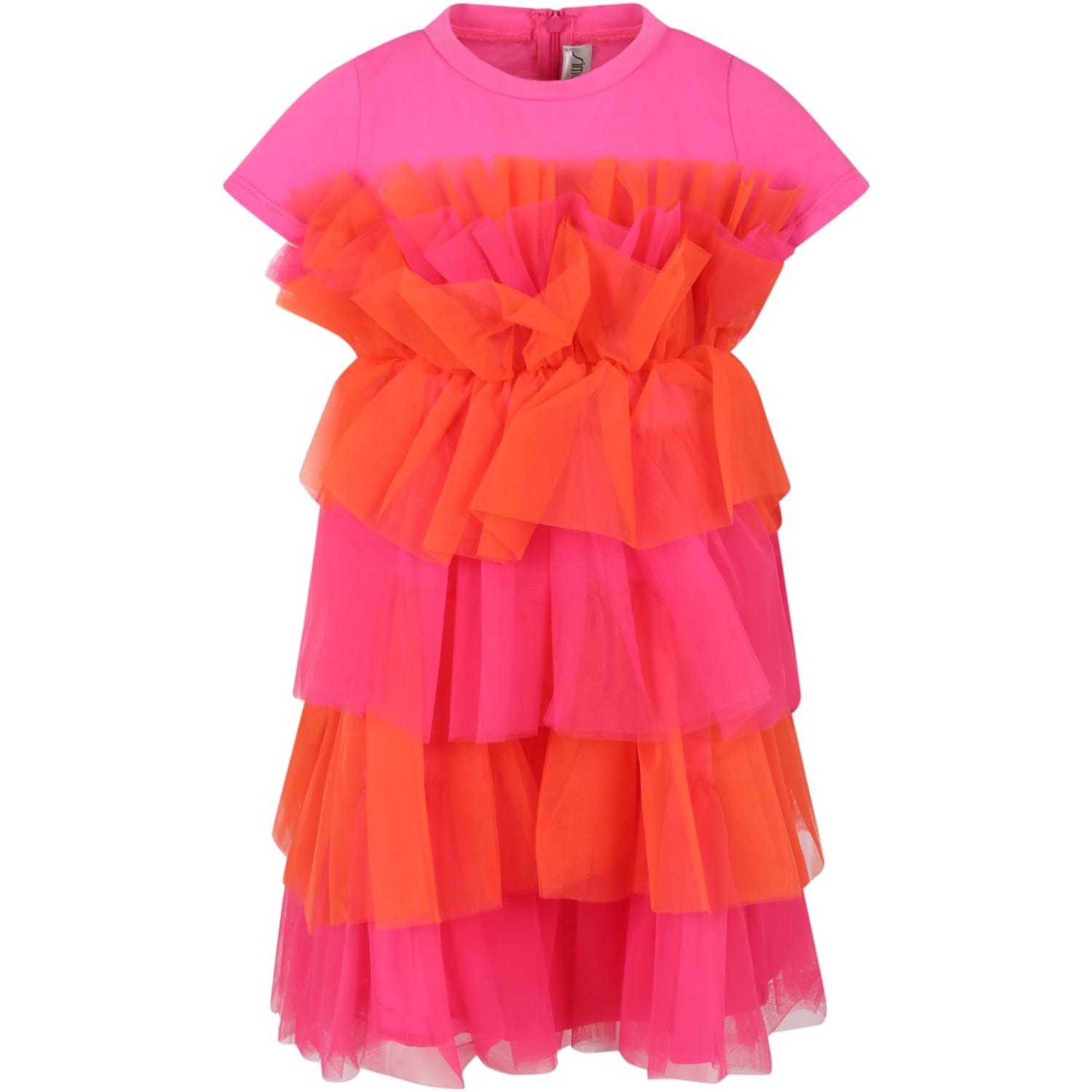 Simonetta Fuchsia Dress For Girl With Orange And Fuchsia Ruffles