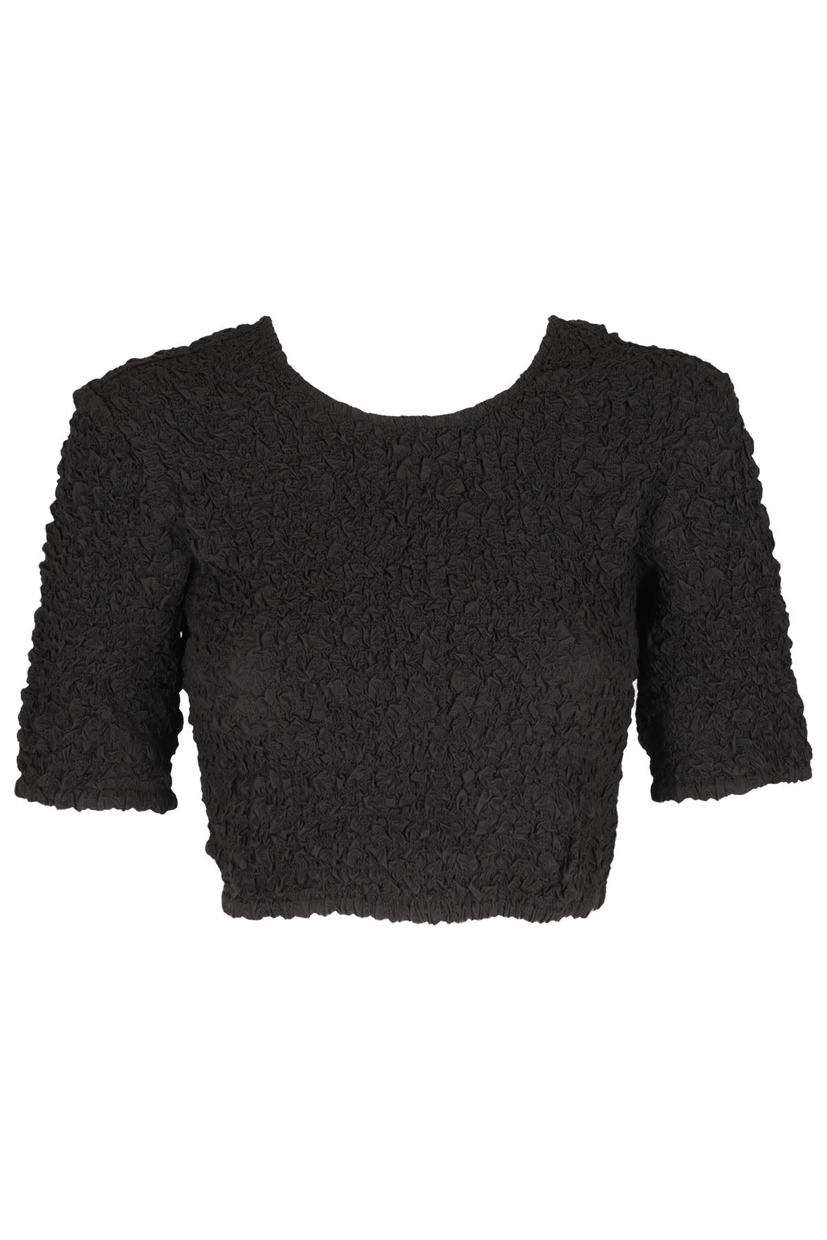 Ganni Short Sleeve Black Cotton Poplin O-neck Cropped Smock Top In Nero