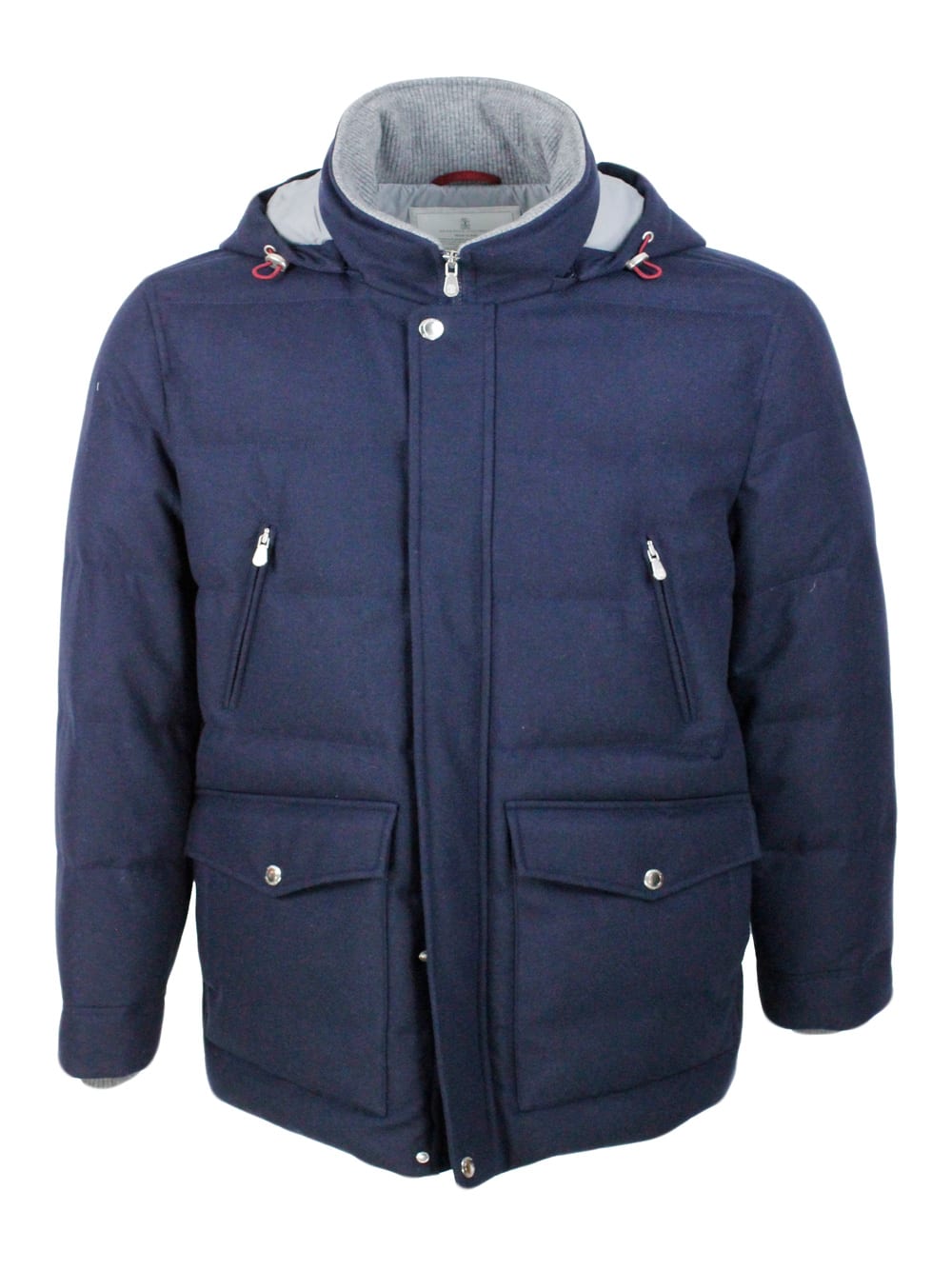Brunello Cucinelli Down Jacket In Wool, Silk And Cashmere Padded With Fine Goose Down With Detachable Hood And Front Po In Blu