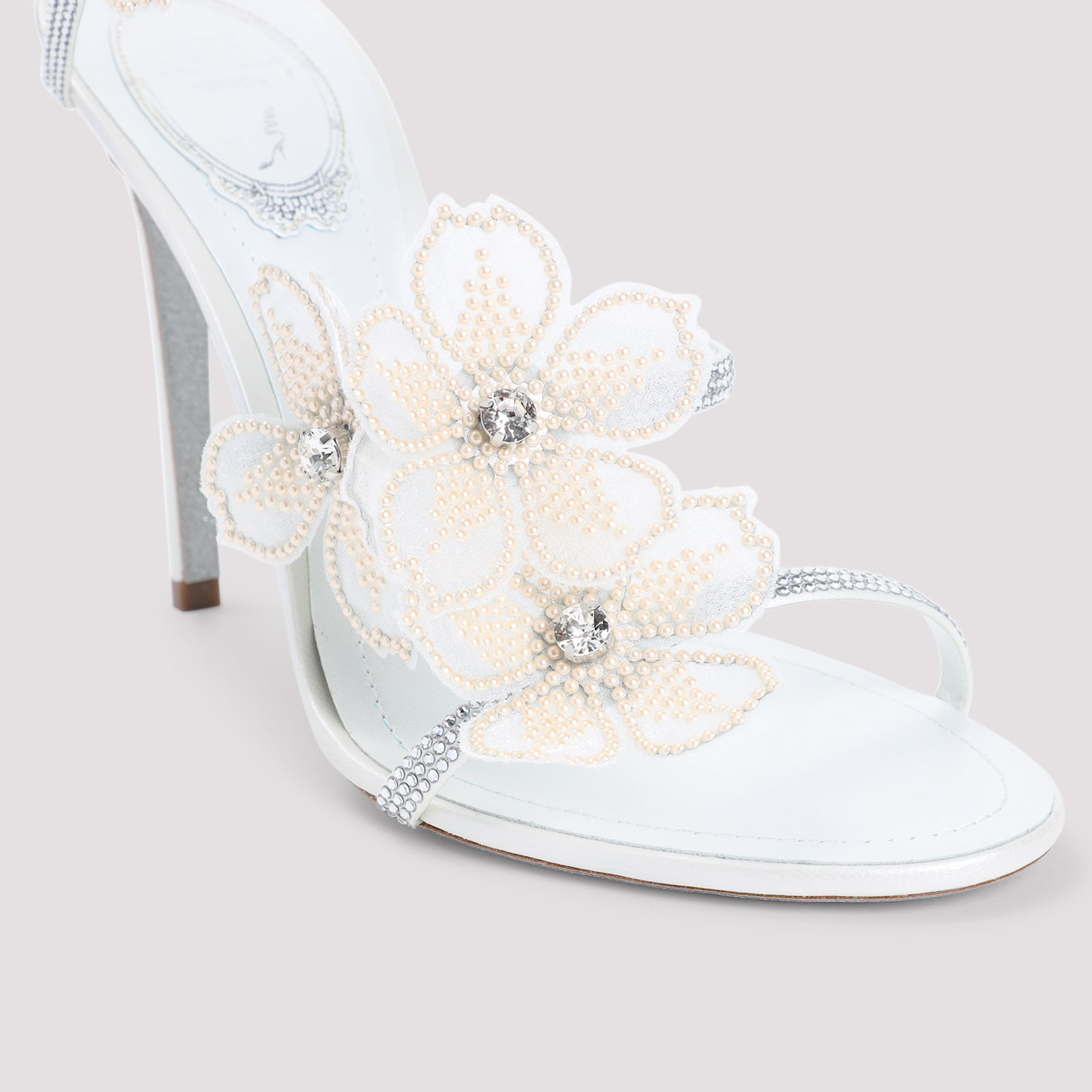 René Caovilla Leather Floral Embroidered Crystal Sandals In White