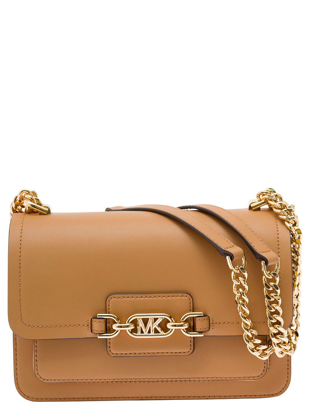 Shop Michael Michael Kors Heather Medium Beige Shoulder Bag With Mk Logo In Smooth Leather Woman