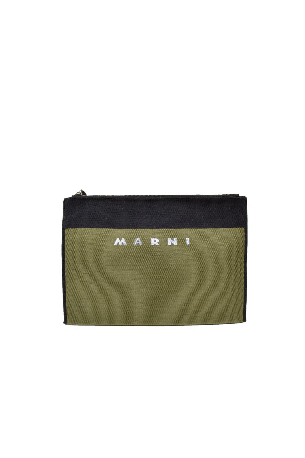 Shop Marni Logo Embroidered Zip Clutch Bag In Green