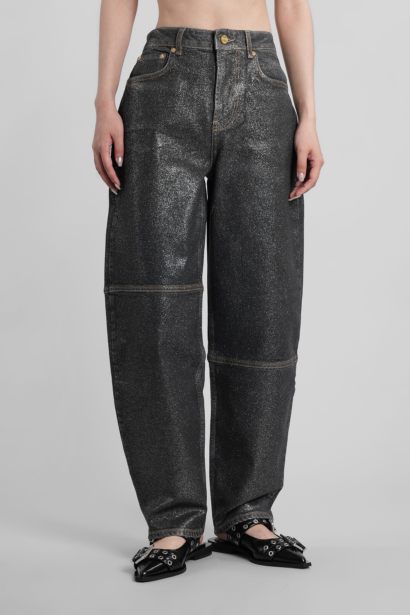 Ganni Shimmery Foil Stary Jeans In Black