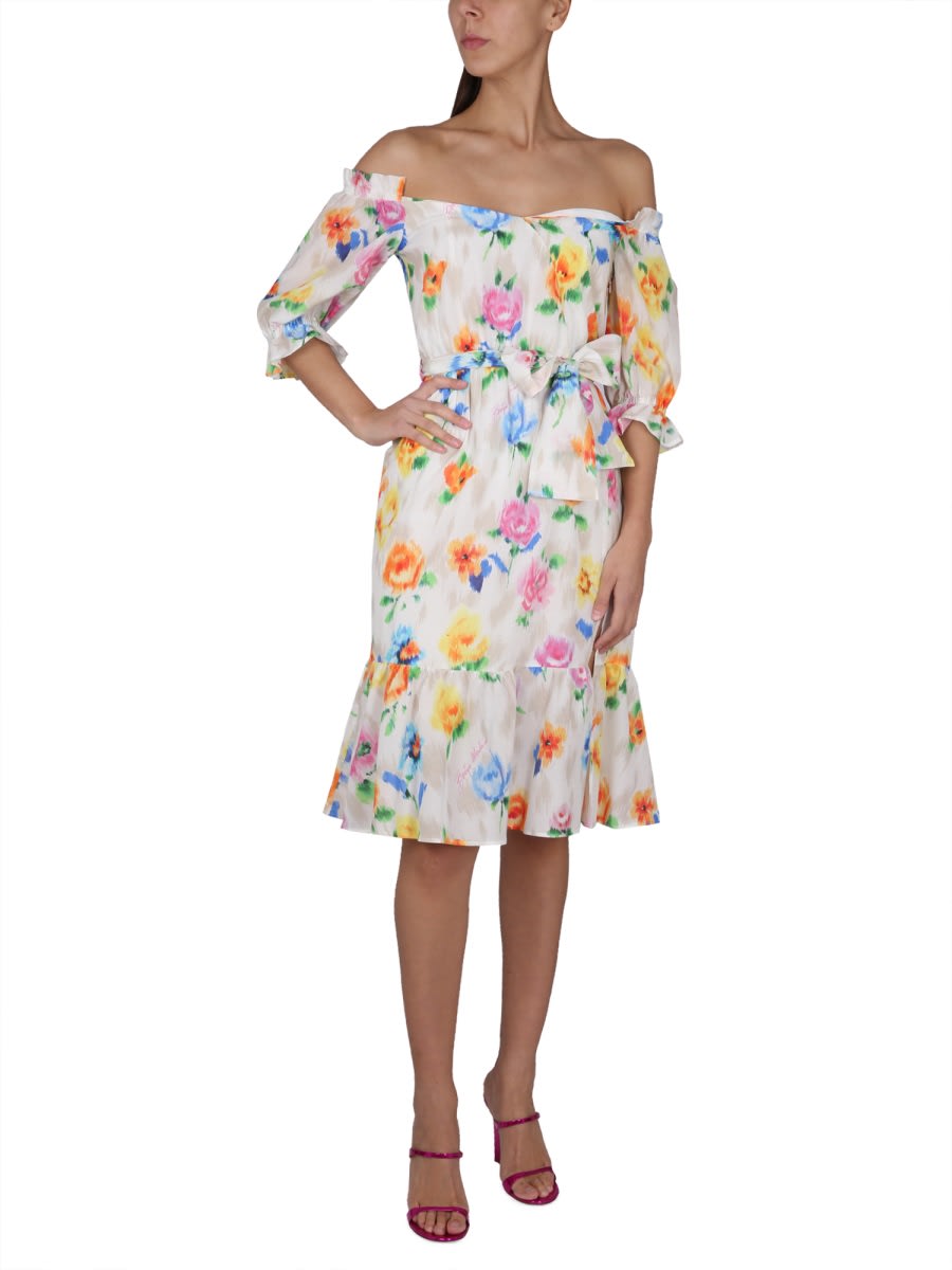 Boutique Moschino Floral Pattern Mini Dress With Boat Neckline And Balloon Sleeves In Multicolour