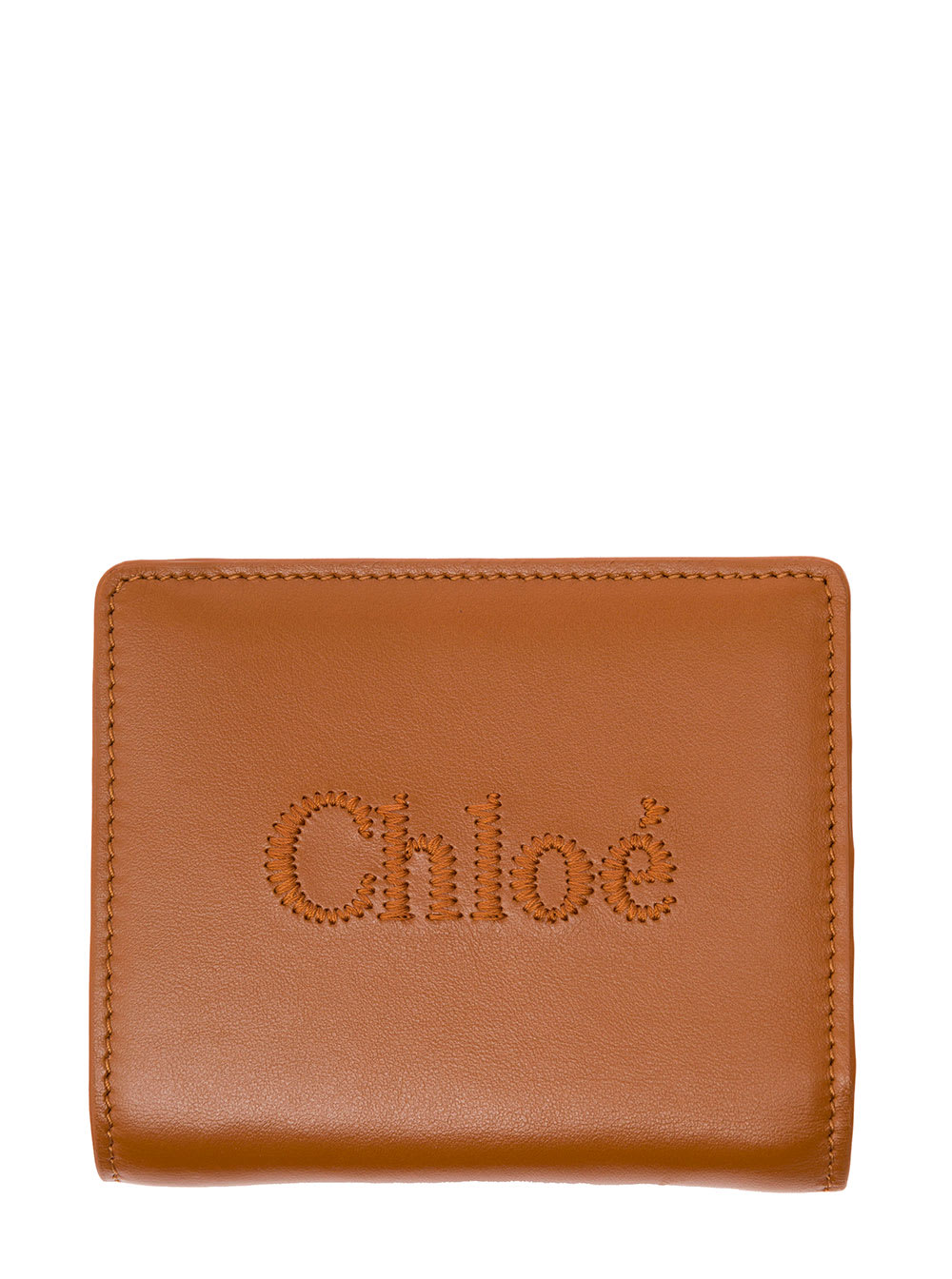 Chloé Sense Brown Bi-fold Wallet With Tonal Logo Embroidery In Leather Woman In Beige