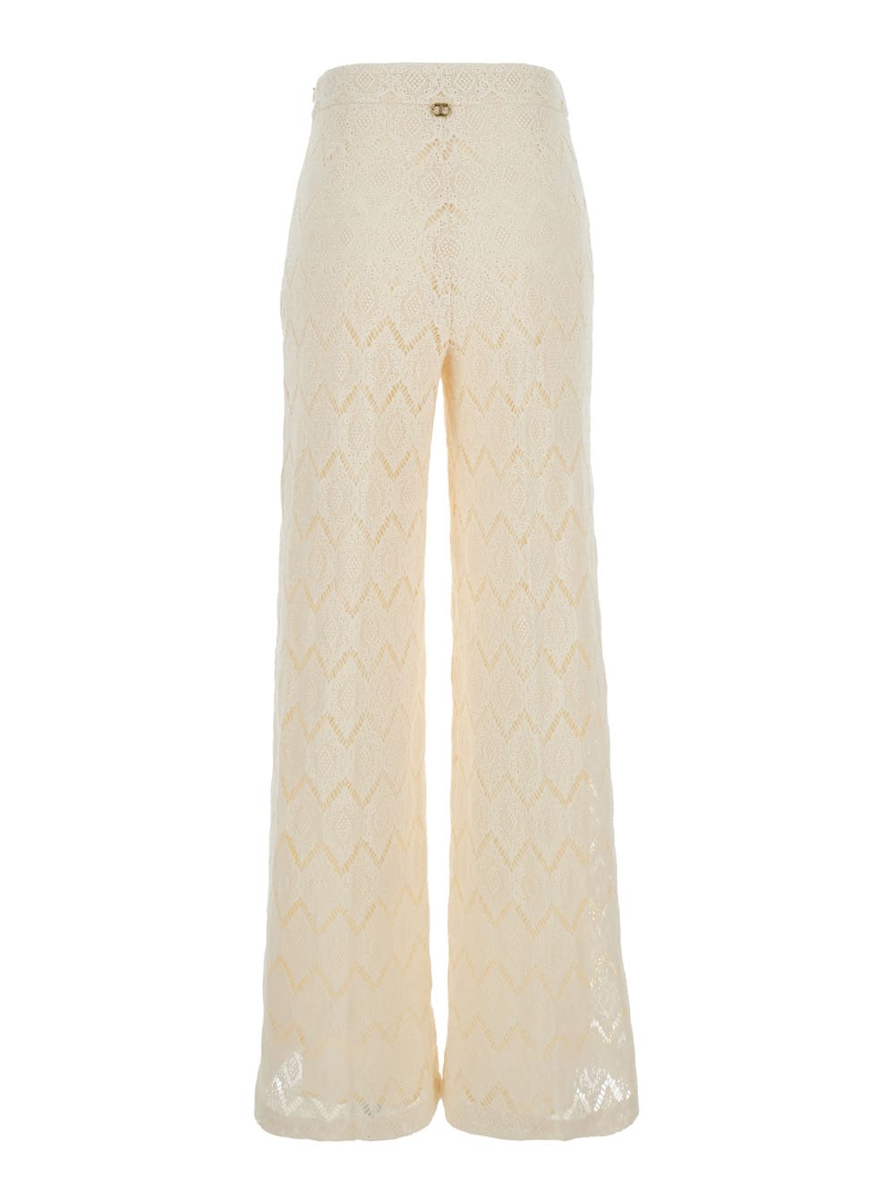 TWINSET BEIGE HIGH-WAIST PANTS WITH LOGO PLAQUE ON THE BACK IN MACRAMÉ COTTON WOMAN TWINSET