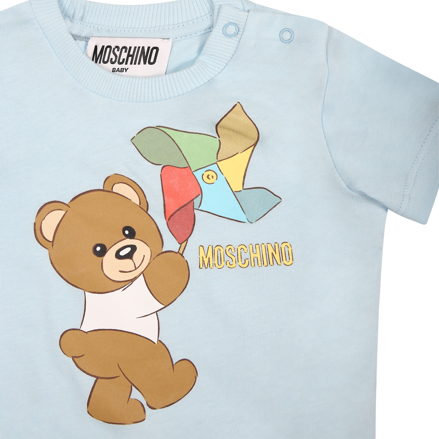 Shop Moschino Light Blue Bodysuit For Baby Boy With Teddy Bear And Pinwheel
