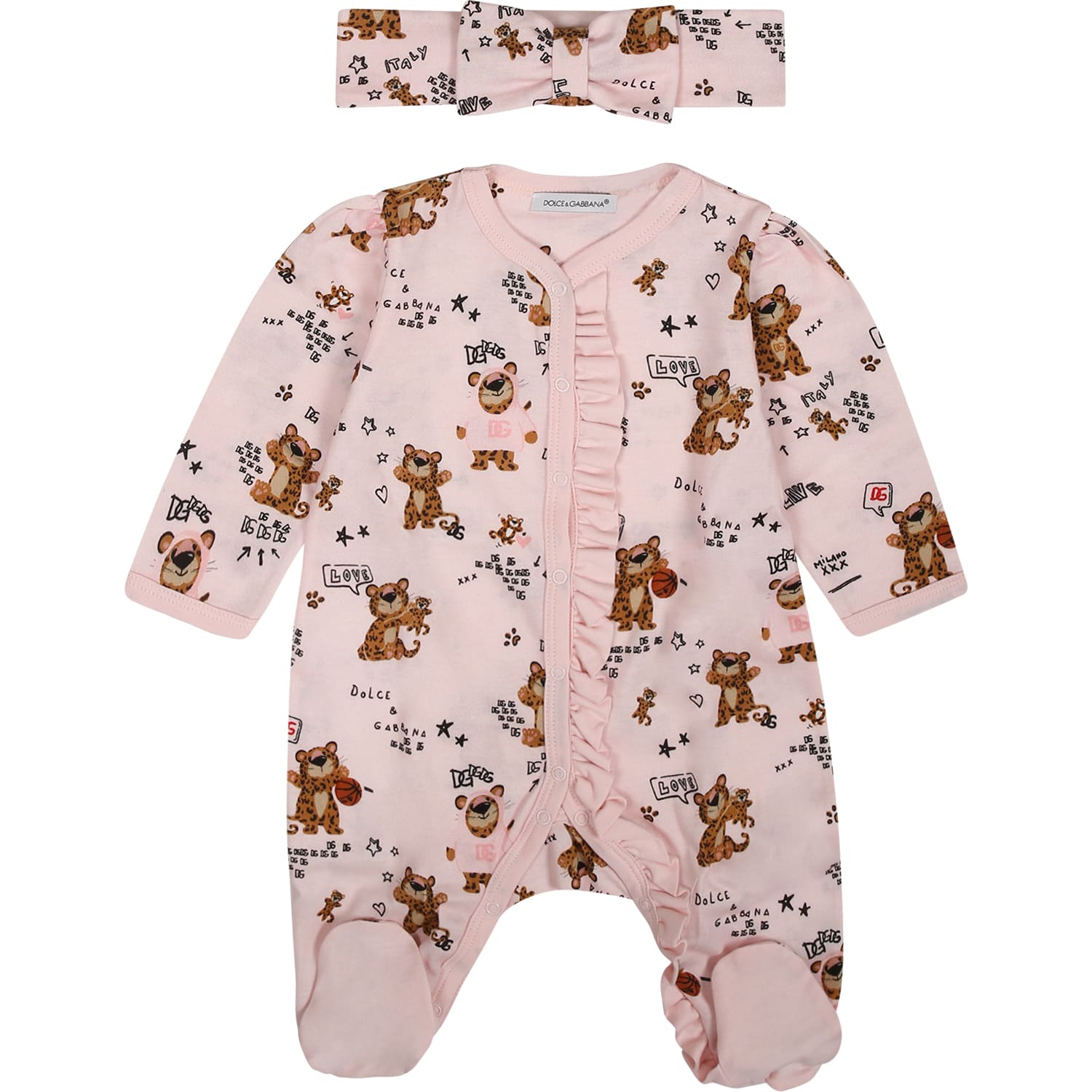 Dolce & Gabbana Pink Set For Baby Girl With Logo And Leopards