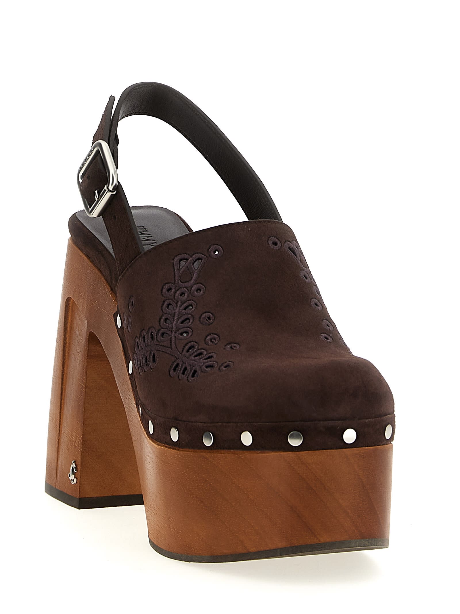 Jimmy Choo Chunky Heel Embroidered Studded Clog In Brown