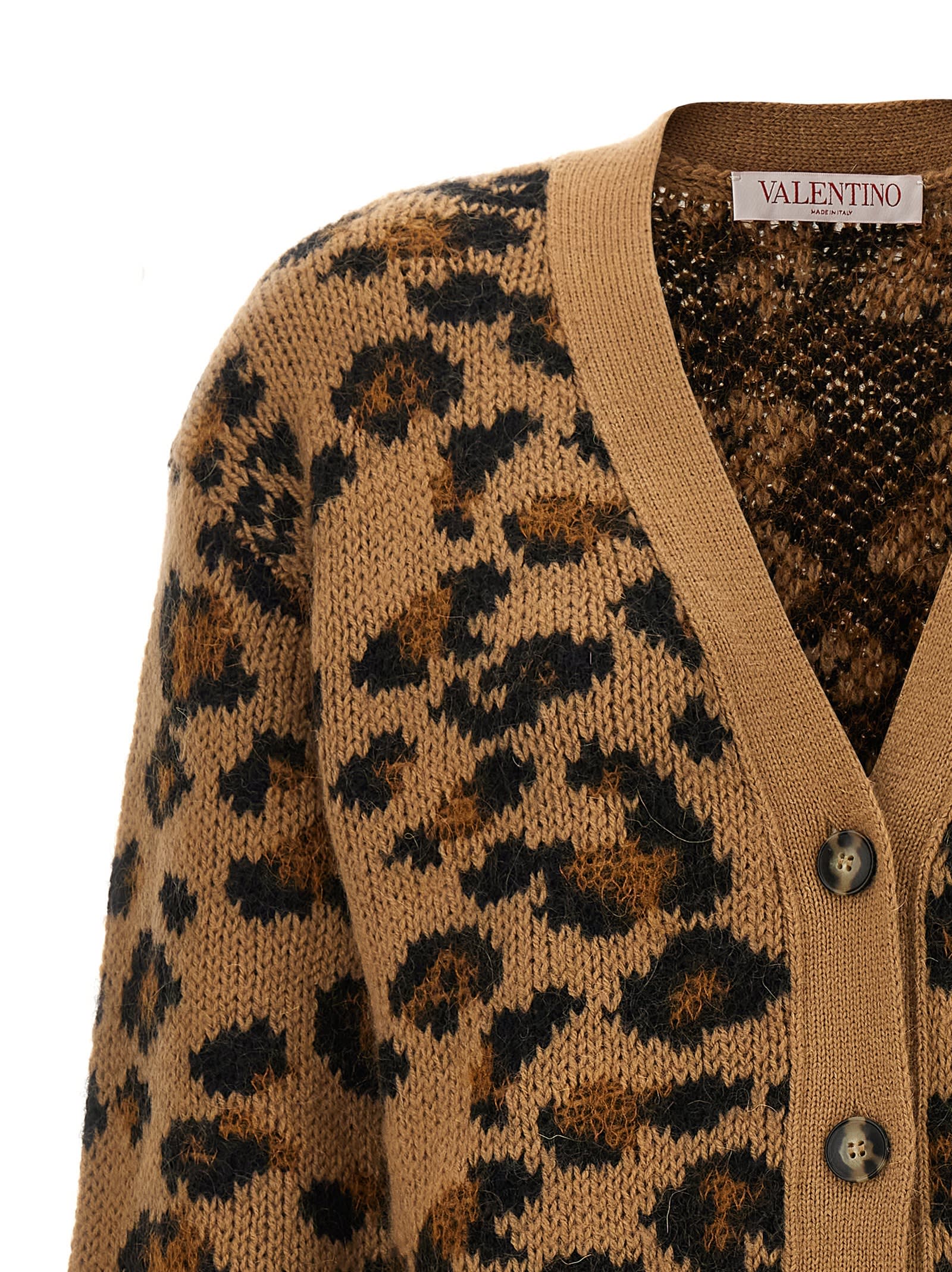 Valentino V-neck Animalier Cardigan Front Pockets In Beige