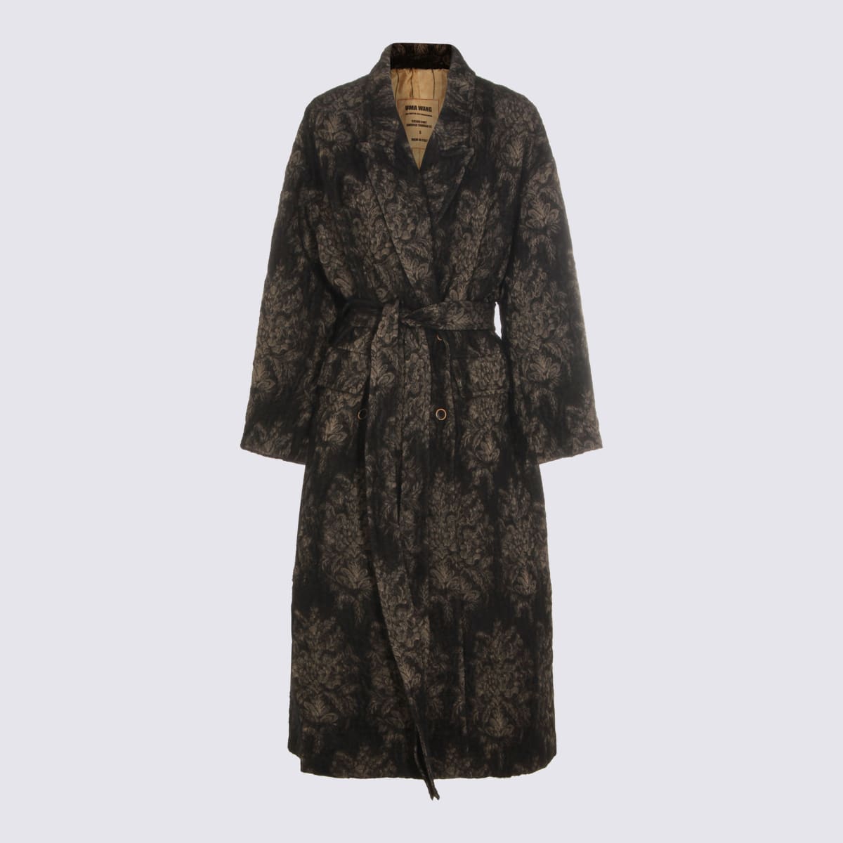 Uma Wang Floral Patterned Textured Coat Belted In Black