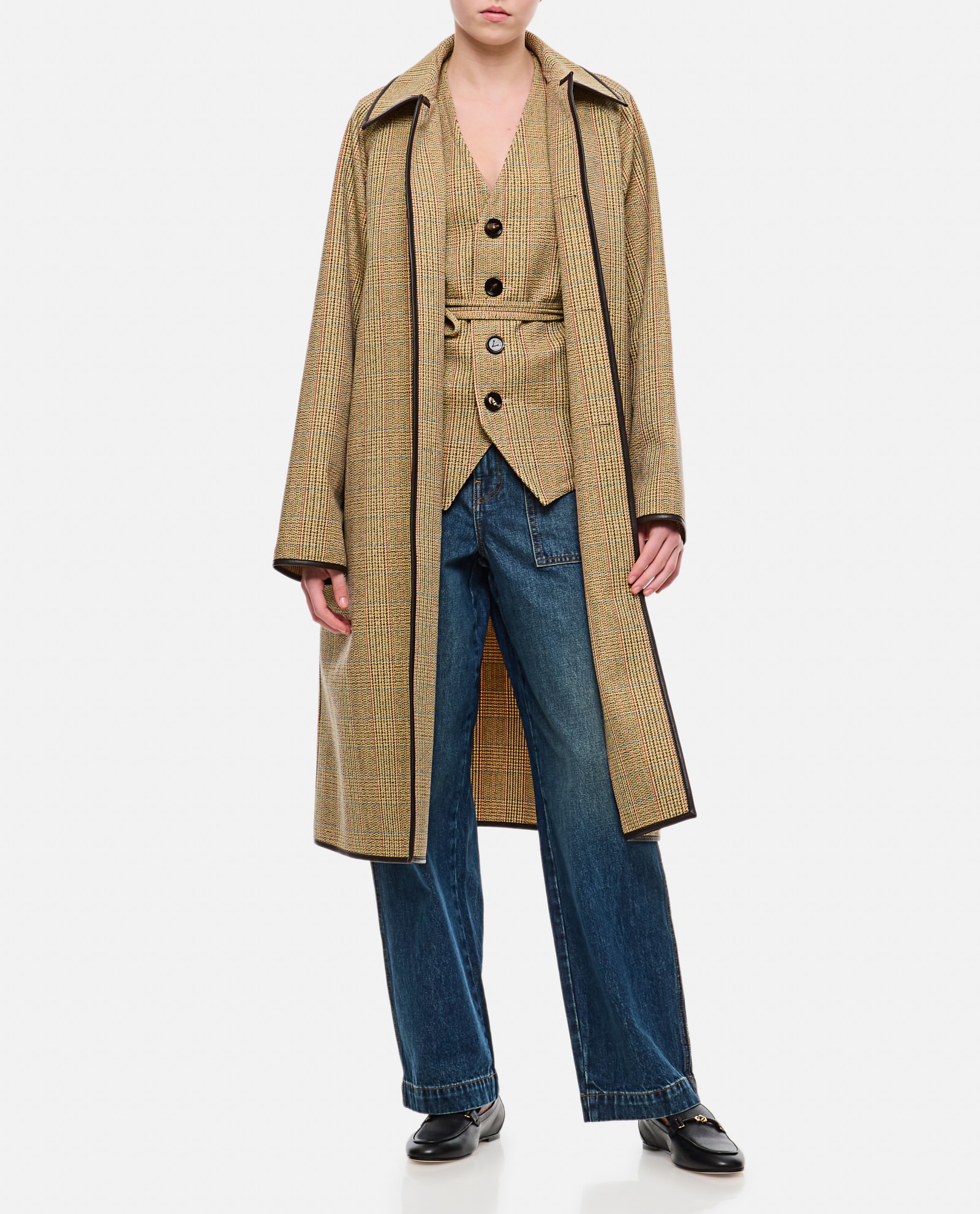 Shop Bottega Veneta Wool Distorted Prince Of Wales Coat In Beige