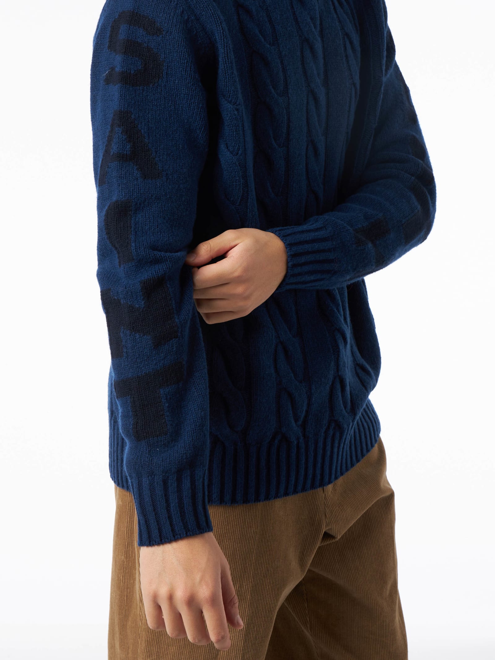 Mc2 Saint Barth Man Heavyweight Turtleneck Braided Blue Vintage Sweater In Blue