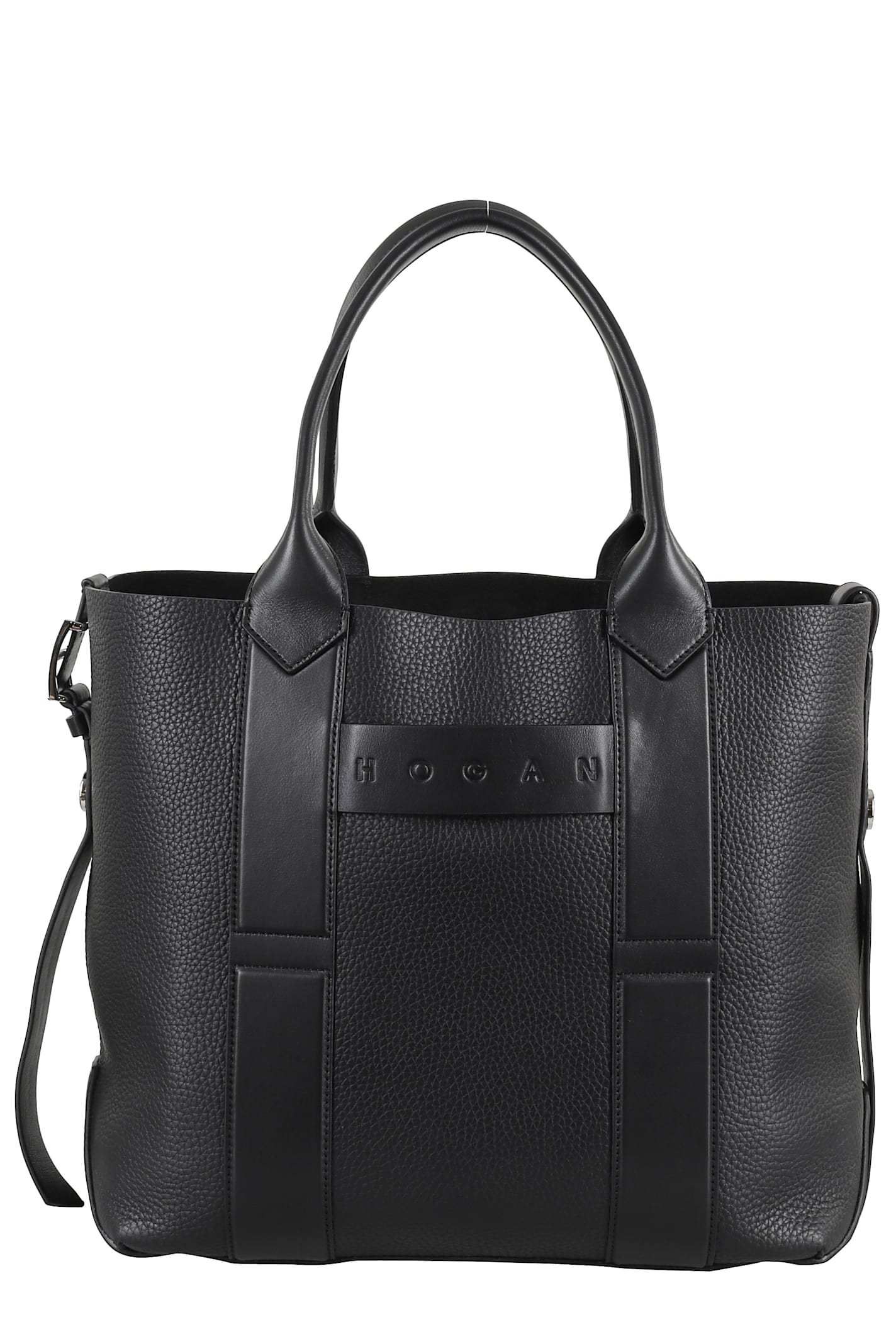 Hogan Medium Script Shopping Bag With Textured Leather Finish In Black