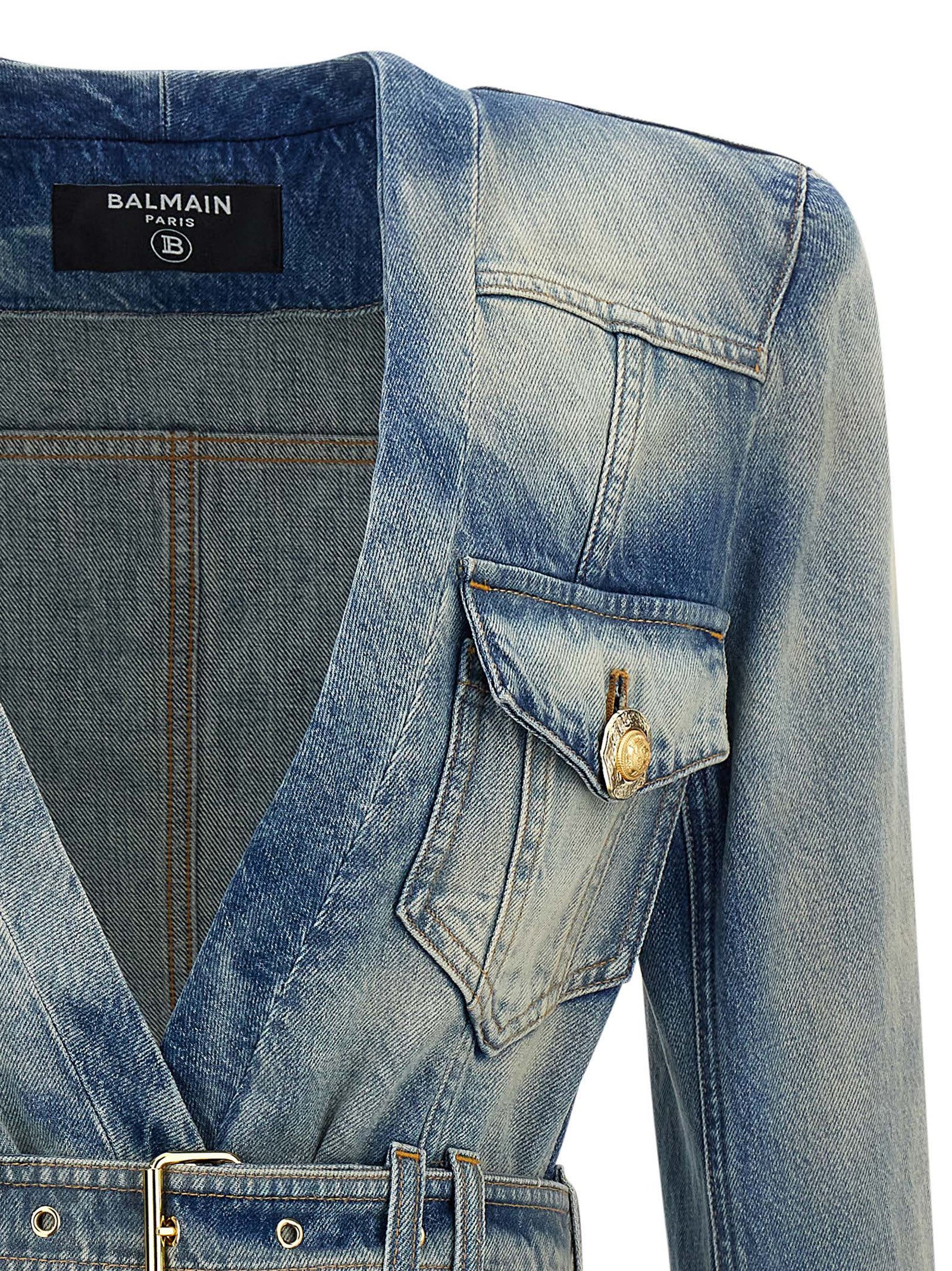 Balmain 1-button Belted Denim Jacket In Blue