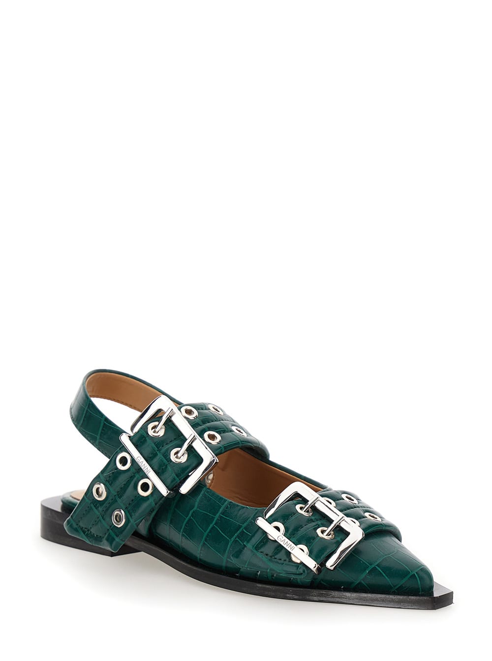 Ganni Women Feminine Buckle Ballerina Croco In Green